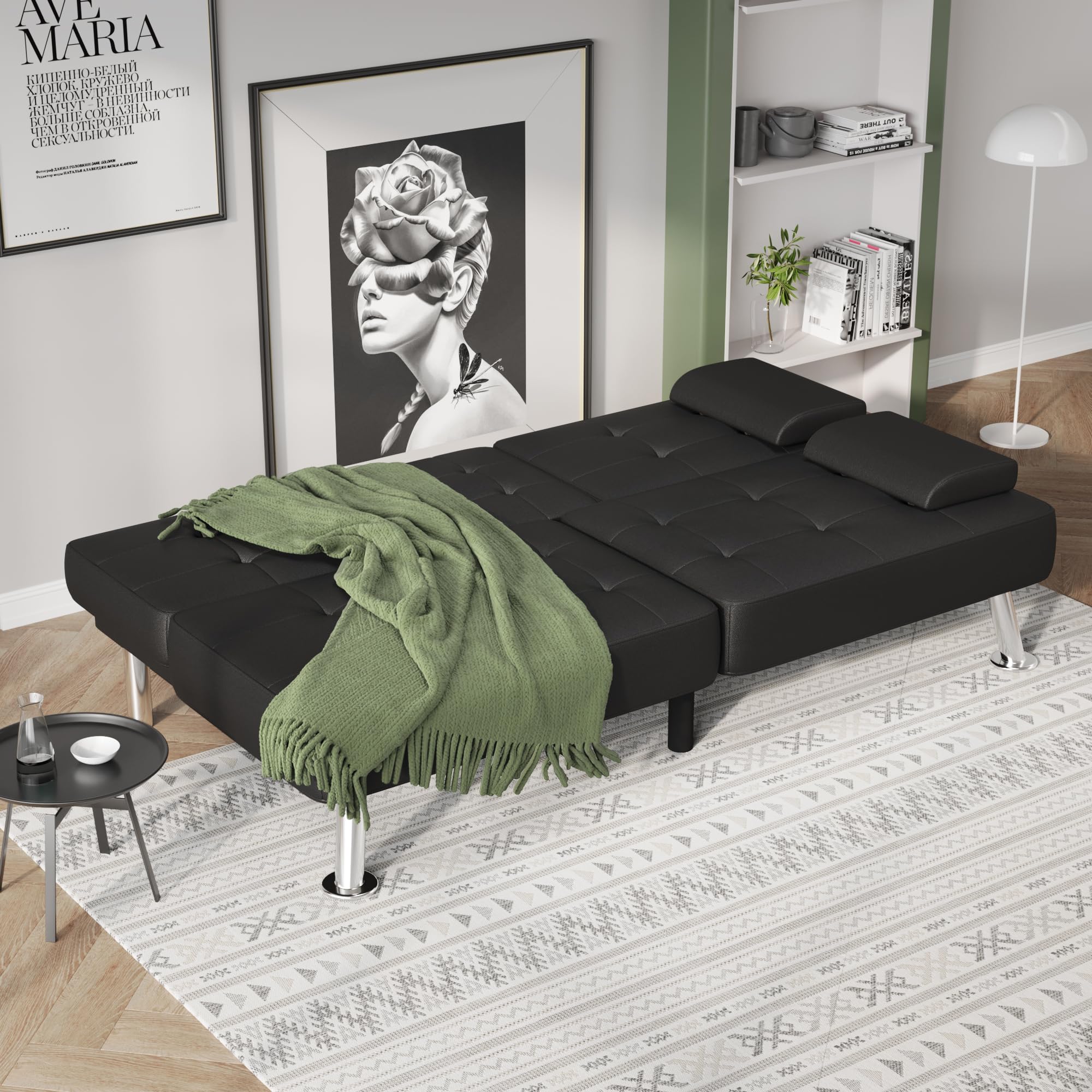 Modern Convertible Futon Sofa Bed with 2 Cup Holders & Removable Armrests - PU Leather Folding Lounge Recliner for Living Room, Guest Room & Small Spaces (Black)