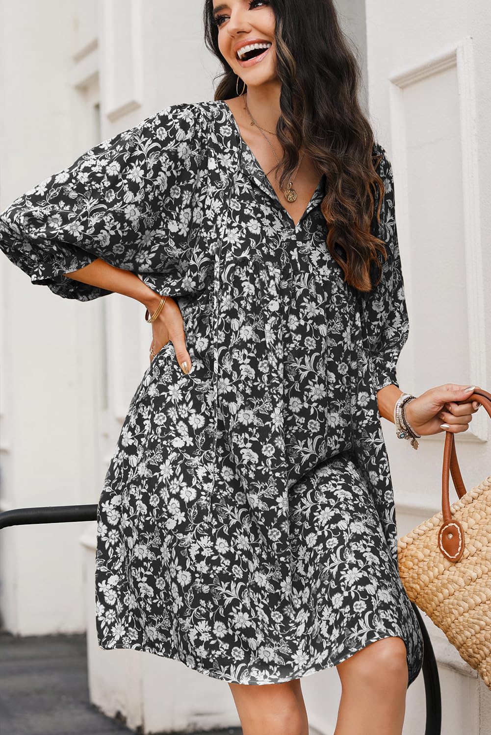 Dokotoo Women's Summer Dresses 2025 - Boho Floral Chiffon Mini Dress with V Neck & Lantern Sleeves, Drawstring Waist Sundress for Beach Vacation, Pool Party, and Casual Outings