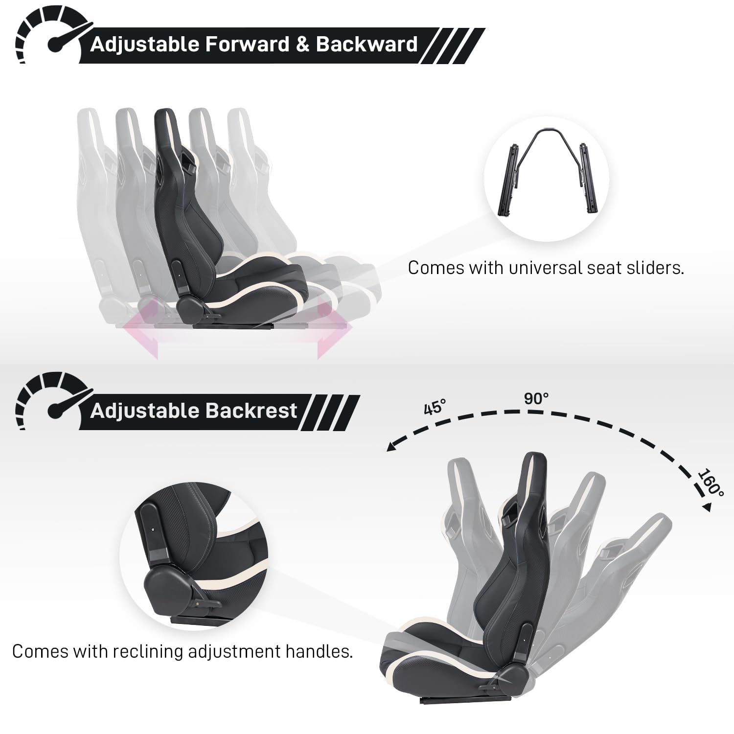 Premium 2-Piece Reclinable Racing Bucket Seats with Adjustable Sliders - Universal PU Leather Sport Car Seats (Black & White, 36.6