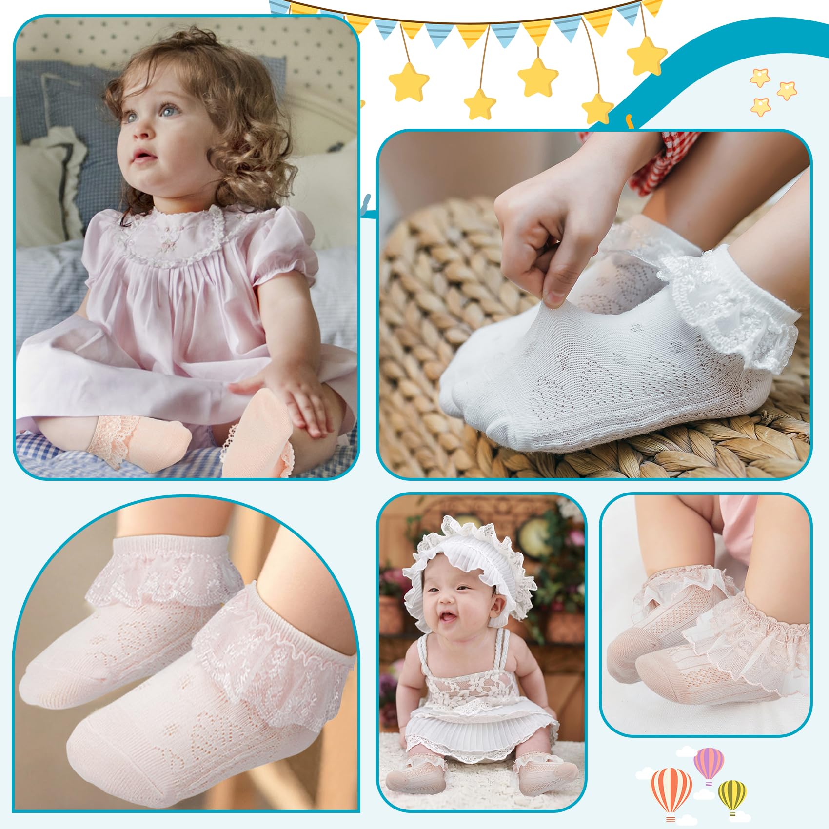 Durio Baby Girls Ruffle Socks - Soft Cotton Toddler Socks with Cute Frilly Lace Trim | Non-Slip & Breathable | Perfect for Dress-Up, Parties & Everyday Wear