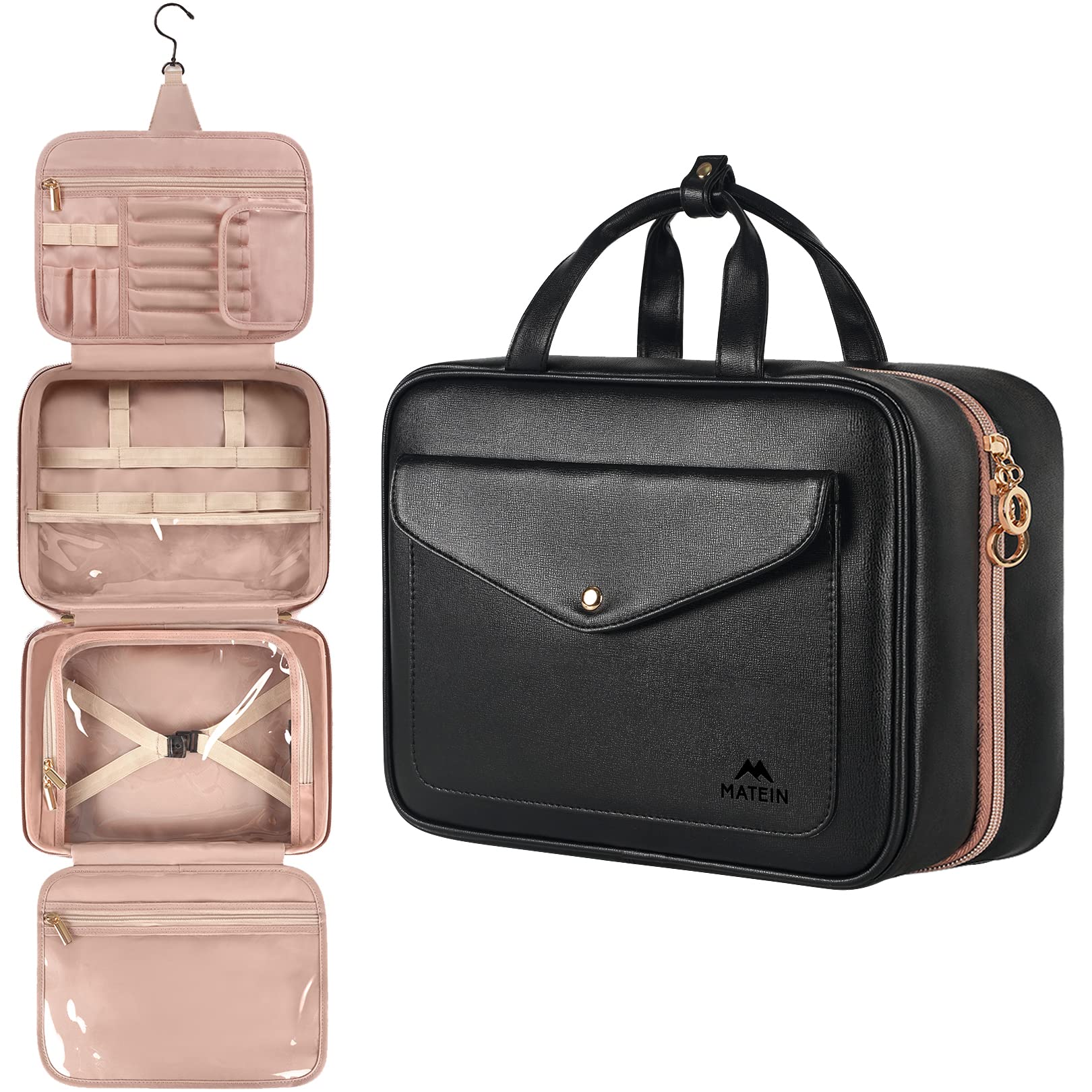 Waterproof Hanging Toiletry Bag for Women - Large Travel Makeup Organizer with Elastic Bands for Cosmetics, Brushes & Toiletries | Perfect for Bathroom, Shower & Vacation Essentials (Black)