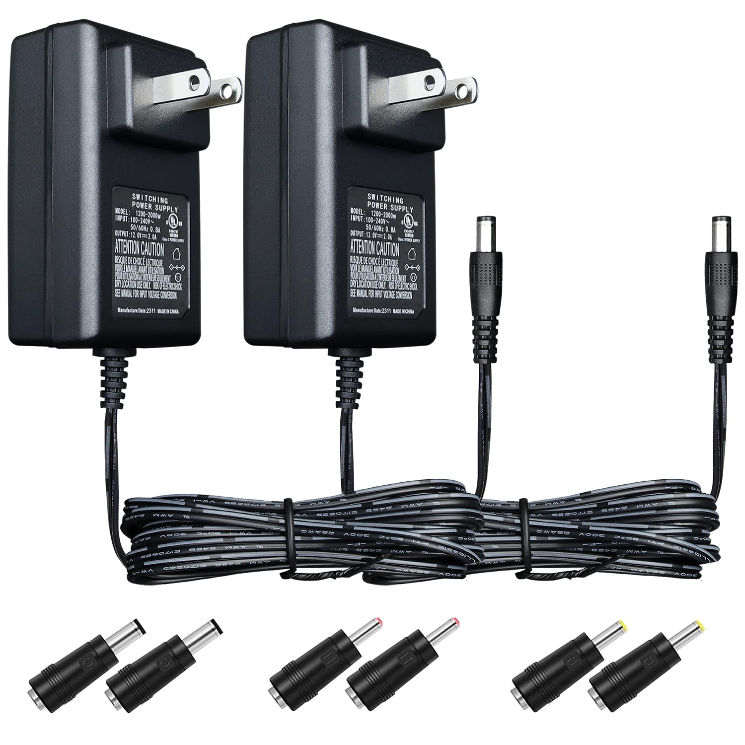 2 Pack 12V 2A 2000mA Power Adapter with 3 Tips - 24W AC/DC Converter for LED Strip Lights, Keyboards, Bluetooth Speakers, Routers, Monitors - UL Listed & FCC Certified - Perfect for Home Office, Gaming Setup, and Security Systems