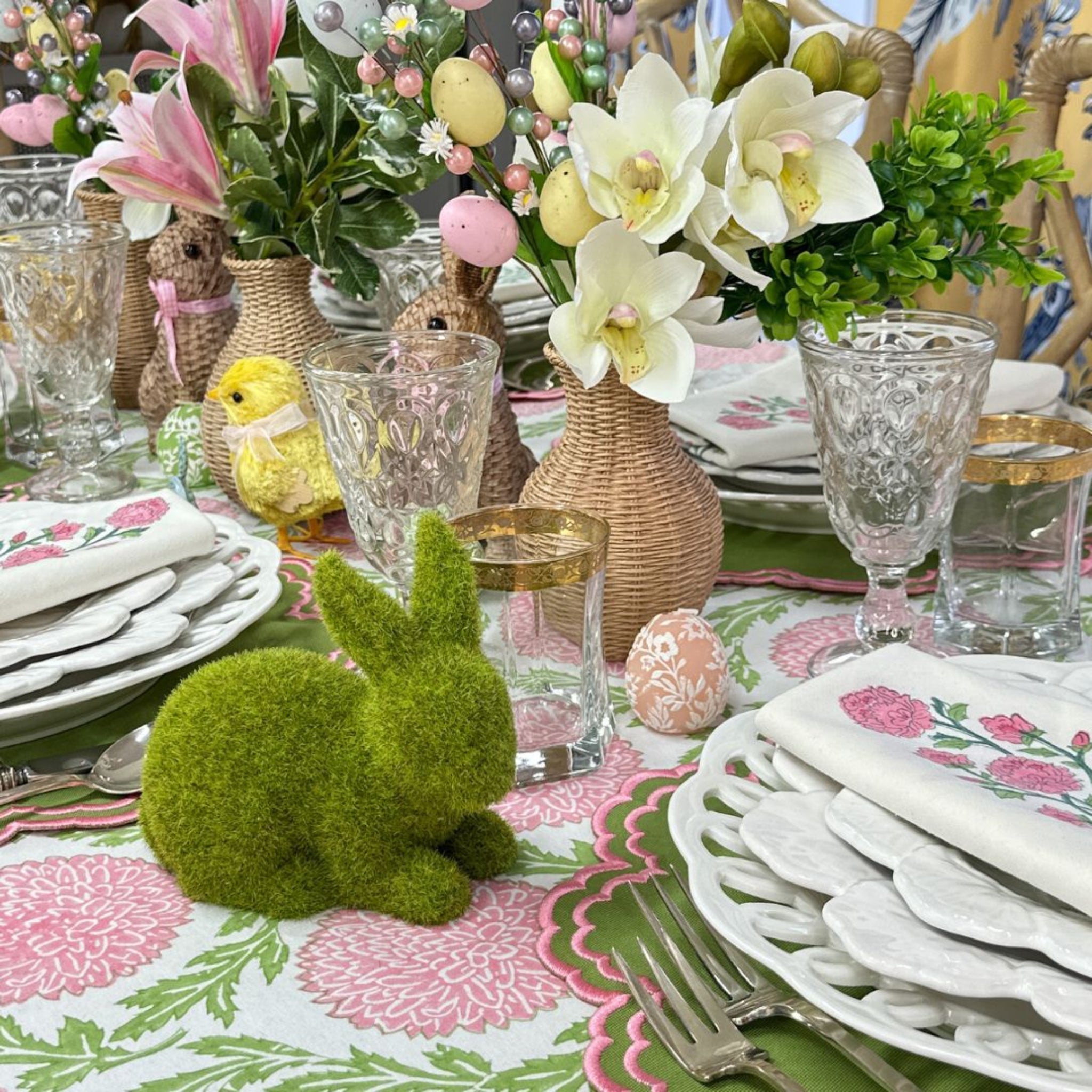 Bettina Placemat Set of 4 - Green & Pink Cotton Table Mats for Dining, Kitchen, and Party Decor | Waterproof & Heat Resistant