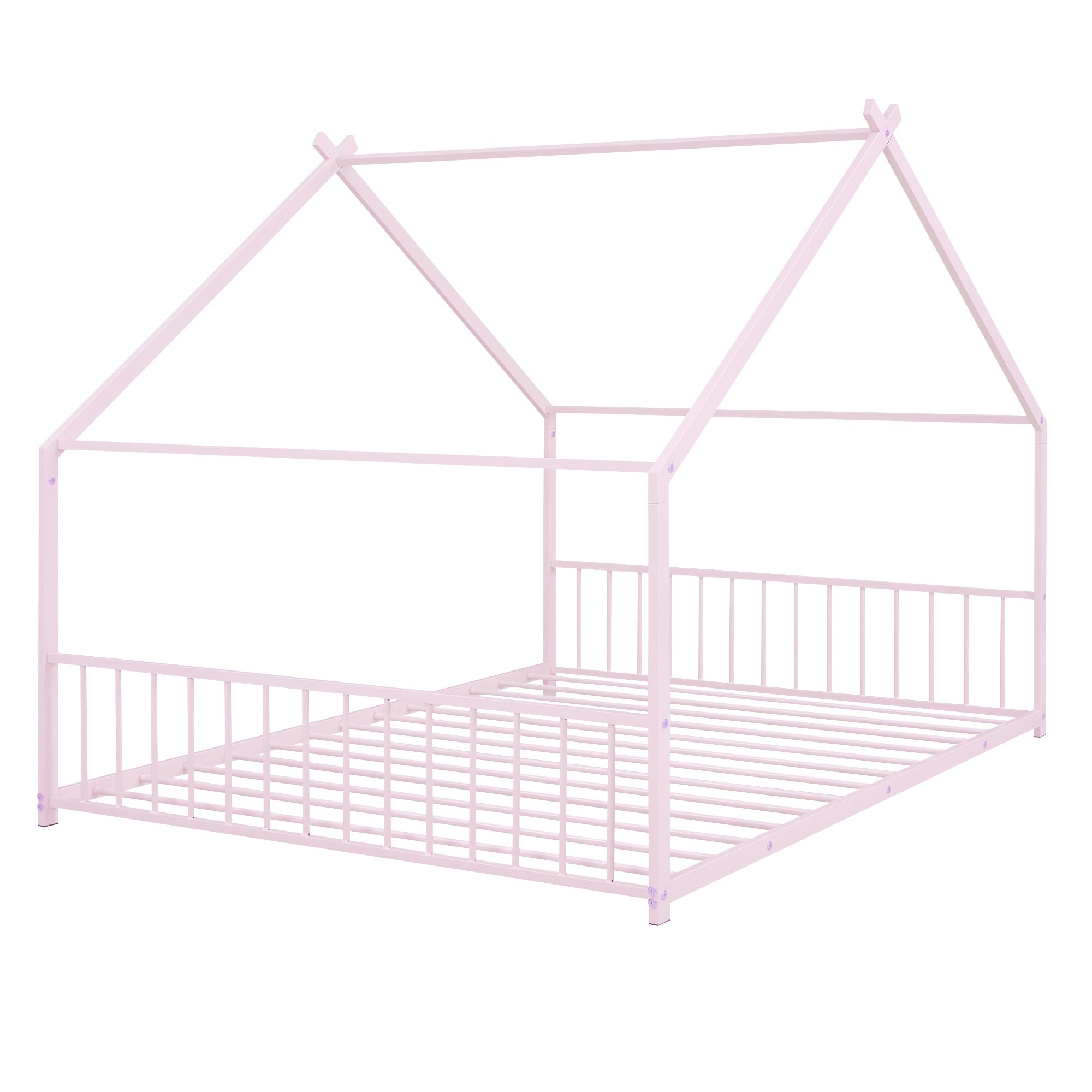 Montessori Full Size Floor Bed Frame with Headboard & Slats - Kids House Bed for Boys & Girls (Pink) | Safe Toddler Bedroom Furniture for Montessori Learning & Play Areas
