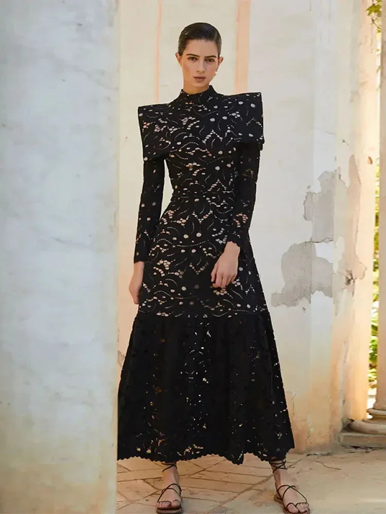 Elegant Hollow-Out Lace Maxi White Dress for Women - Fashion Mock Neck Long Sleeve Shoulder Padded Evening Gown | Perfect for Weddings, Parties & Formal Occasions 2024