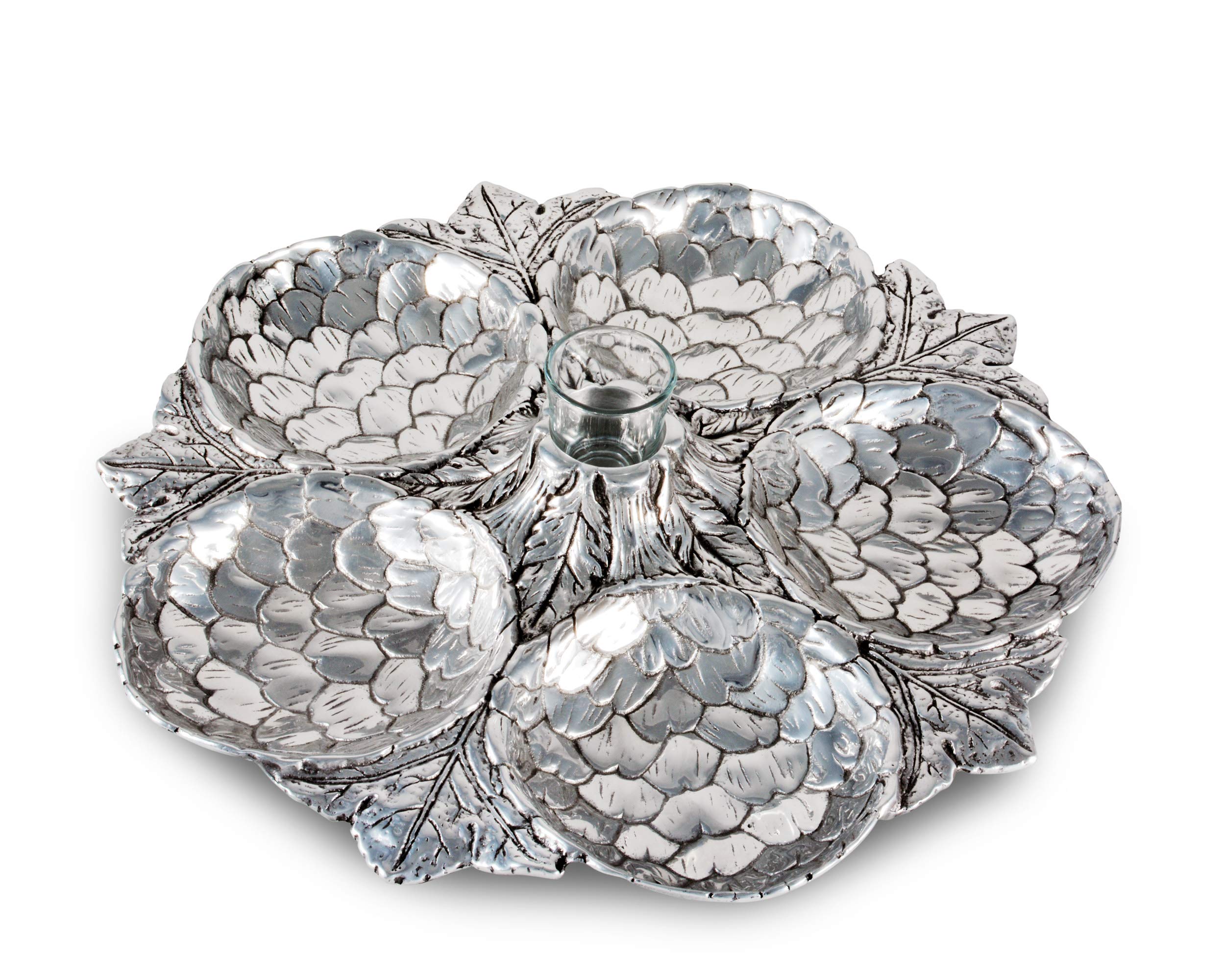 Arthur Court Artichoke Pattern Large 5-Section Snack Tray - Durable Silver Metal Serving Platter 16