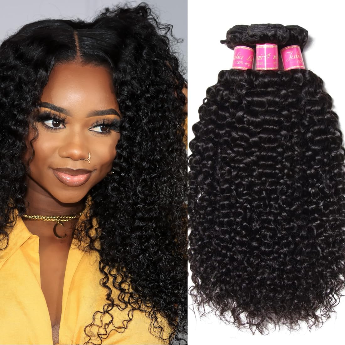 ALI JULIA 3-Pack 10A Malaysian Virgin Curly Hair Bundles - Unprocessed Human Hair Extensions (12/14/16 Inch) Natural Black Color for Women - Perfect for Daily Styling, Parties & Special Occasions