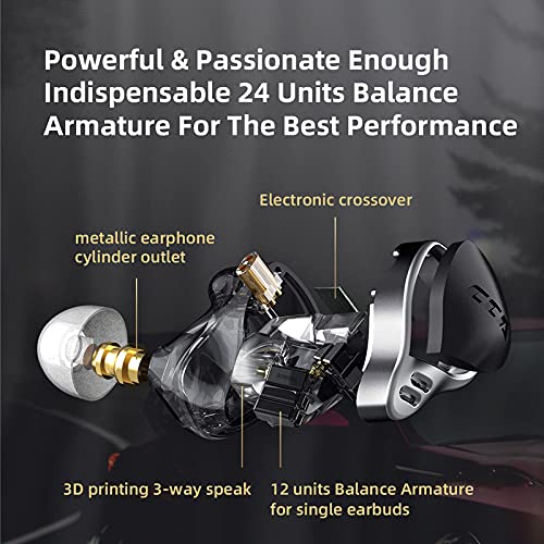 CCA CA24 12BA HiFi In-Ear Monitors - Zinc Alloy & Resin Housing Wired Earphones for Musicians & Audiophiles (Black, No Mic) | Professional Studio Monitoring & Live Performance Headphones