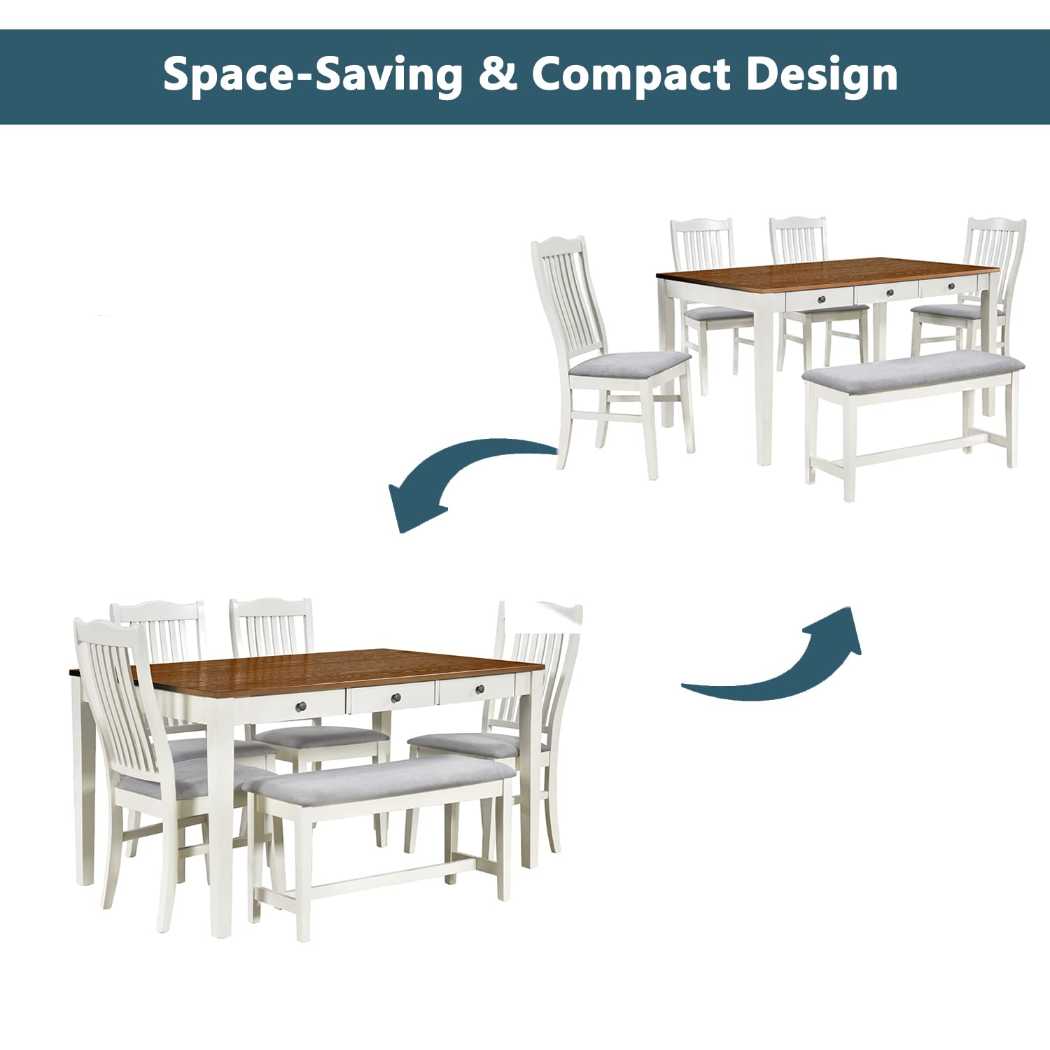 Merax Mid-Century 6-Piece Wood Dining Table Set with Storage Drawer, 4 Upholstered Chairs & Bench in Butter Milk - Perfect for Small Space Dining Rooms, Breakfast Nooks & Modern Farmhouse Decor