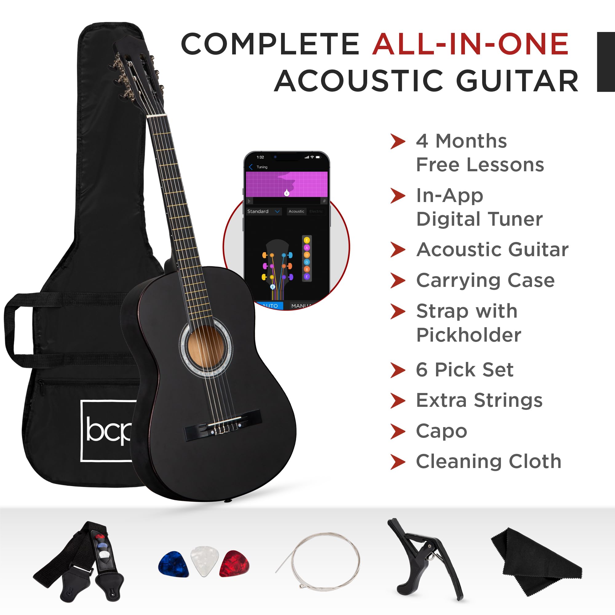 Best Choice Products 38-Inch Beginner Acoustic Guitar Starter Kit with Gig Bag, 6 Picks, Nylon Strings & Strap (Black) - Perfect for Learning, Practice & Travel