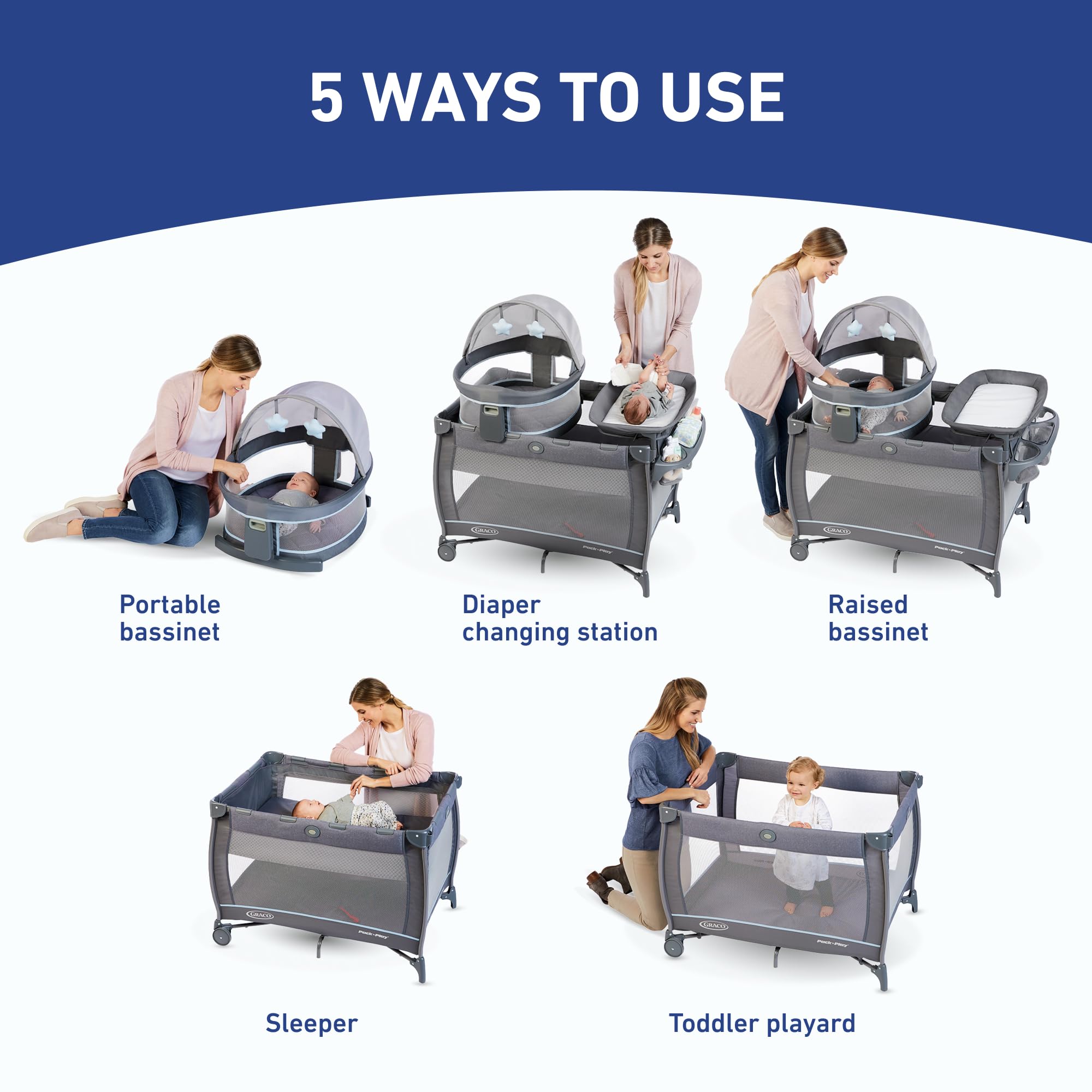 Graco Pack 'n Play Dome LX Portable Playard with Removable Bassinet - Lightweight Travel Crib for Babies & Toddlers - One-Push Fold Design - Redmond Pattern - Perfect for Home, Travel & Daycare Use