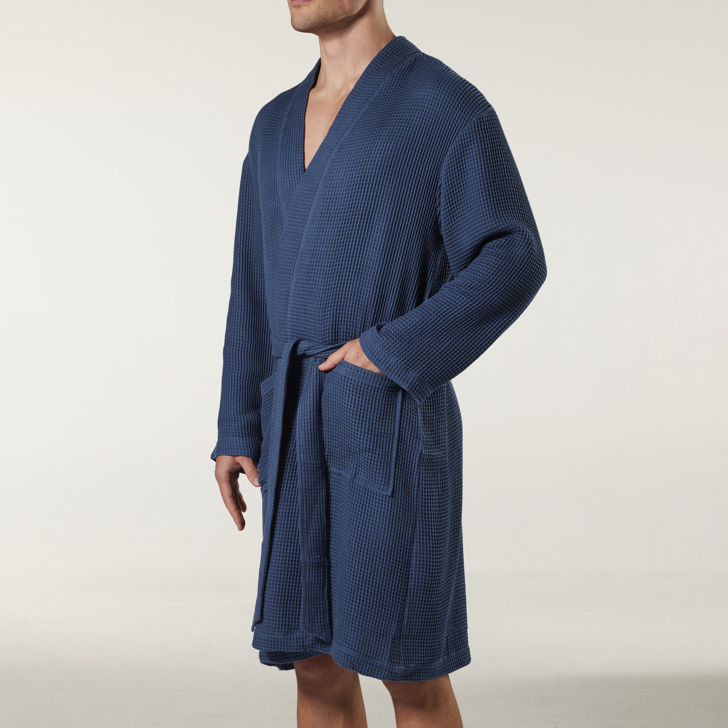 Men's Waffle Texture Bamboo Woven Robe - Soft & Breathable Denim Lounge Wear for Home Relaxation & Spa Days