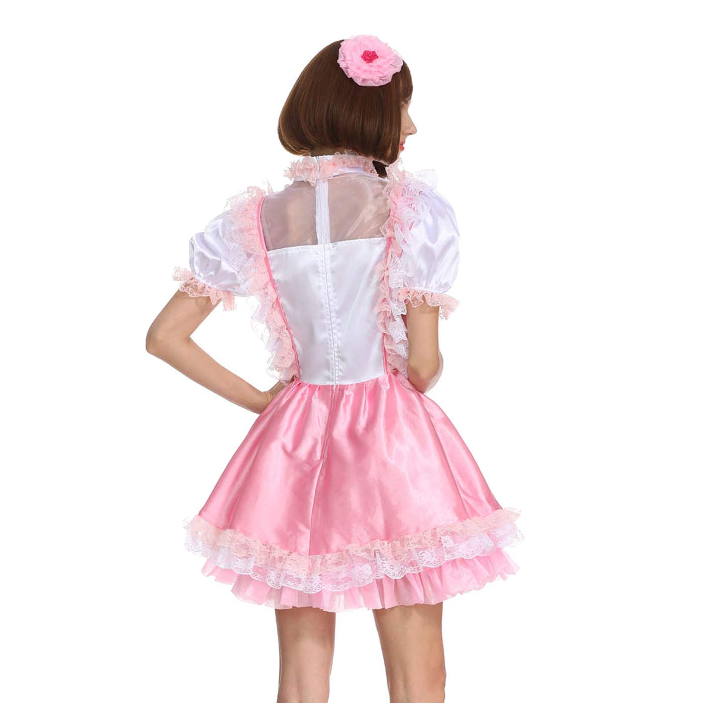 Sexy Pink and White Satin French Maid Dress with Ruffled Sleeves - Women's Crossdressing Costume for Cosplay, Halloween & Role Play