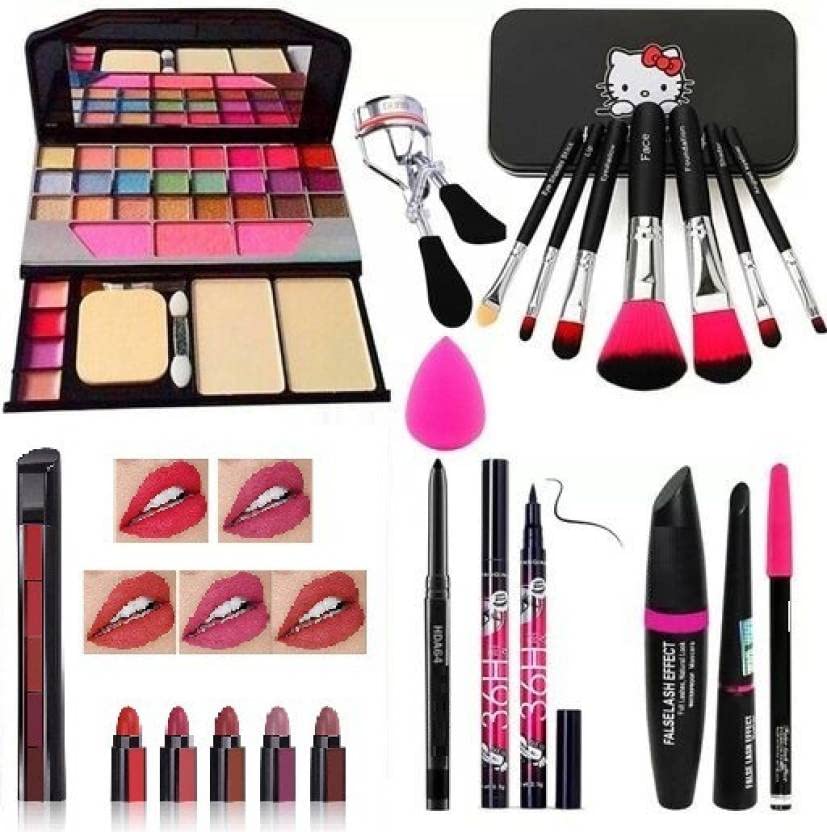 VELORA Tya 8-Piece Makeup Kit - 1pc Eyelash Curler, 1pc Powder Puff, 7pc Brush Set, 5-in-1 Lipstick, 3-in-1 Mascara with Kajal & 36H Eyeliner | Professional Cosmetic Set for Daily Makeup, Travel & Gift Giving
