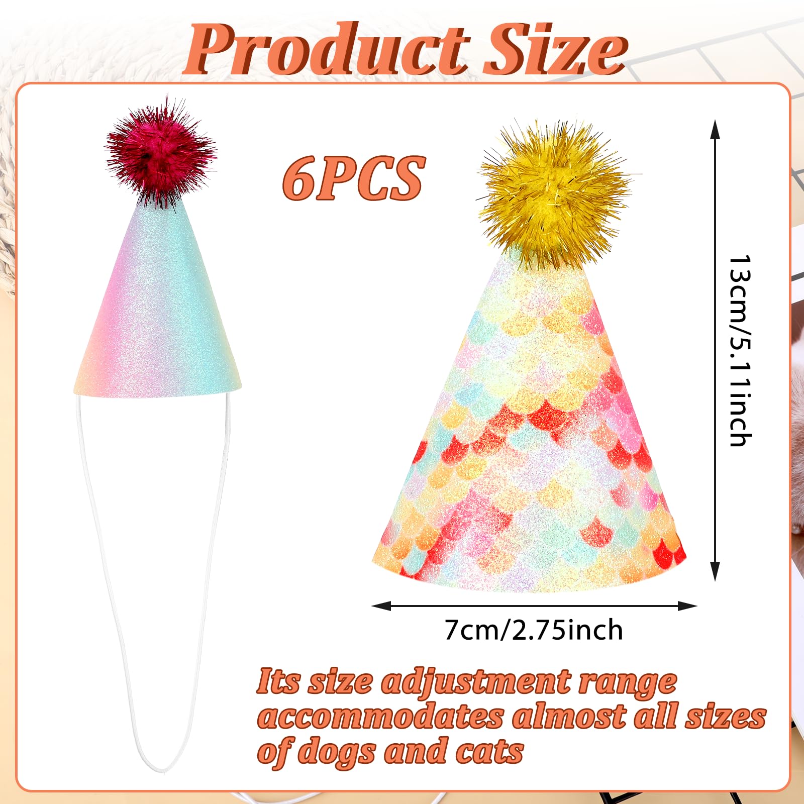 6 Pack Rainbow Pet Birthday Hats - Adjustable Puppy & Kitten Party Hats with Pompoms for Dogs, Cats & Stuffed Animals | Perfect for Pet Birthday Parties, Photo Shoots & Costume Events