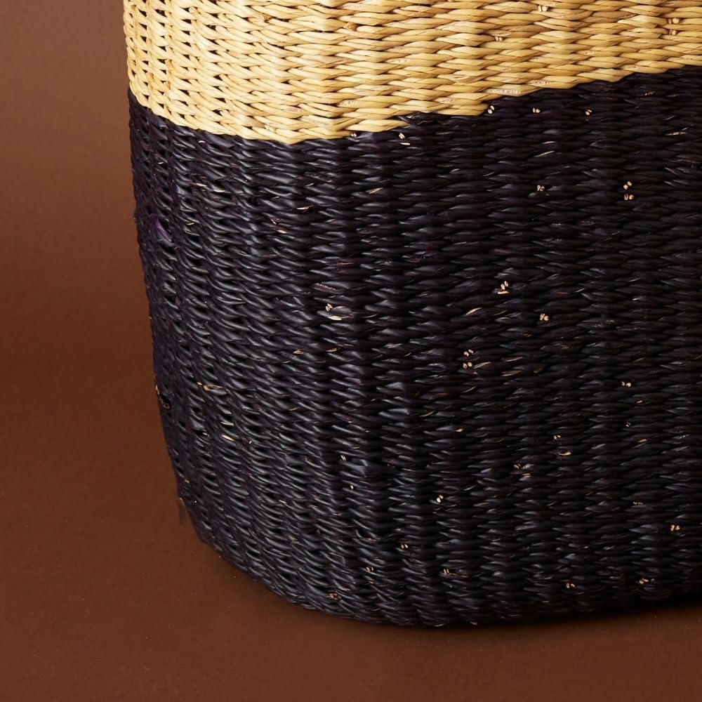 Handwoven Bolga Ghana Market Picnic Grocery Basket - Eco-Friendly African Woven Storage - Perfect for Farmers Market, Beach Outings & Home Decor (Black)