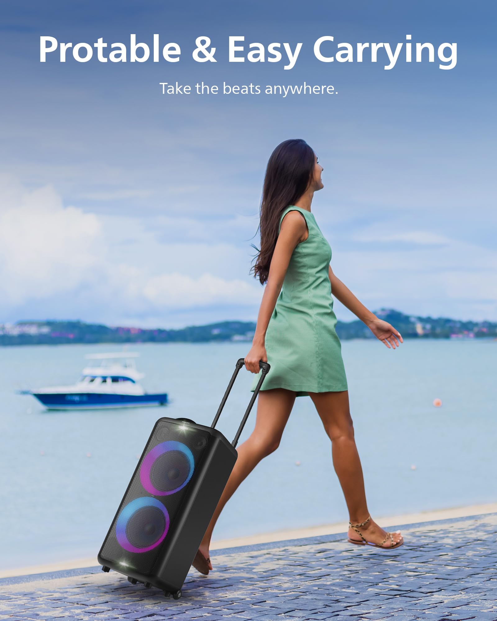 Philips X5206 Bluetooth Party Speaker with Wheels - Portable Karaoke Machine with Microphone & Guitar Input, Powerful Bass & Subwoofer, Exciting LED Light Show, Long Battery Life - Perfect for Outdoor Events, Parties, Camping & Home Entertainment