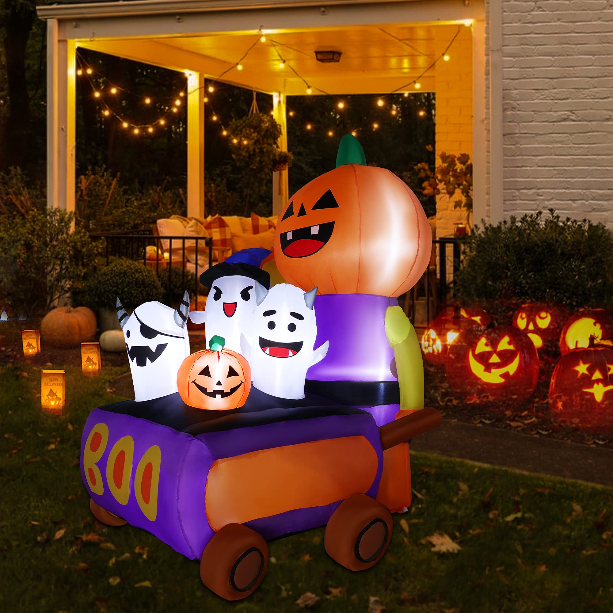 HOOJO 6FT Halloween Inflatable Ghost with Pumpkin Cart - LED Outdoor Yard Decor for Halloween Party, Garden, and Front Lawn Decorations | Spooky Blow-Up Decor with Built-in Lights for Kids and Family Fun