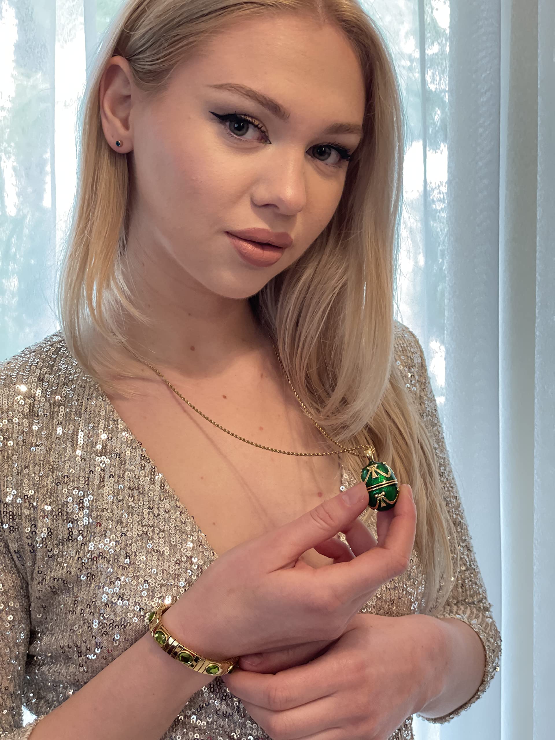Handmade 24K Gold Emerald Green Faberge Egg Pendant Necklace & Bracelet Set - 1.5