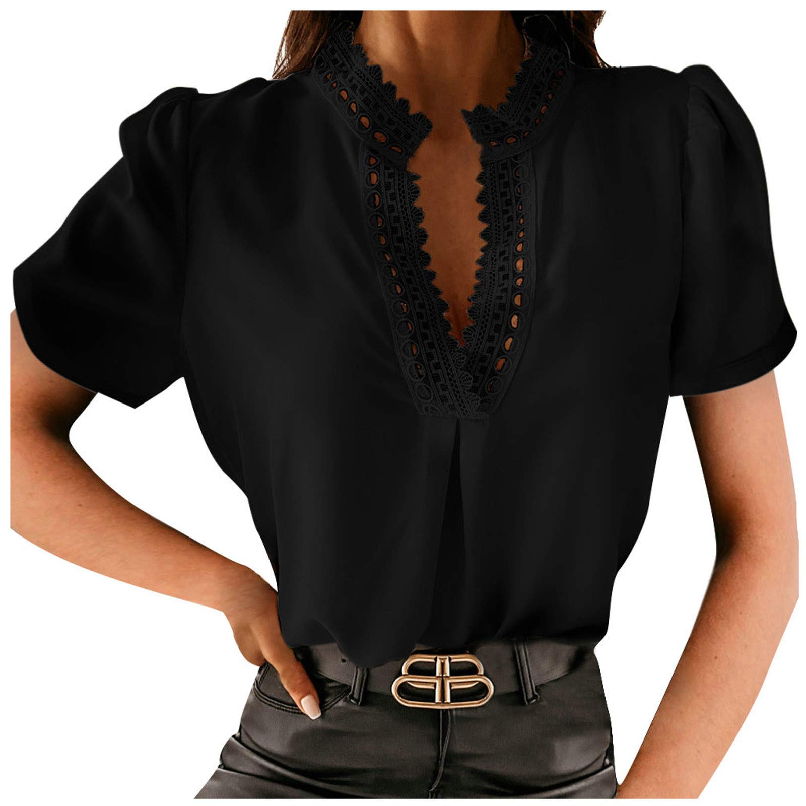 Women's Puff Sleeve V-Neck Short Sleeve Blouse - Spring Work Shirts for Office & Casual Wear 2024 | Perfect for Business Attire, Date Nights & Spring Outfits
