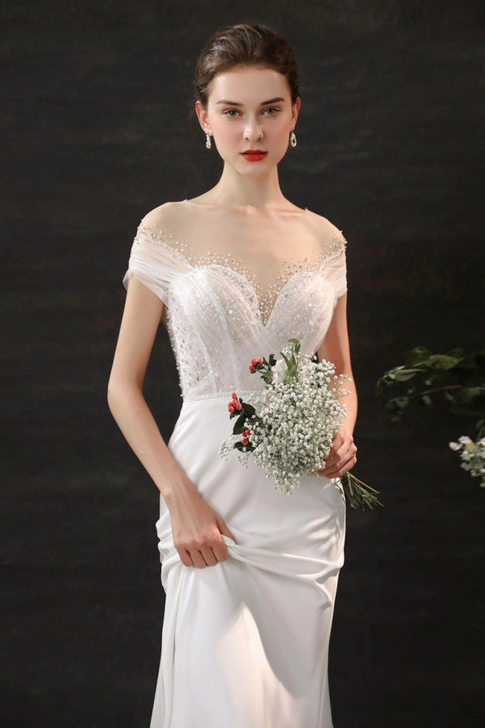 Elegant Mermaid Sweep Brush Train Lace Tulle Wedding Dress CW2689 - Perfect for Beach Weddings, Vow Renewals & Formal Bridal Gowns