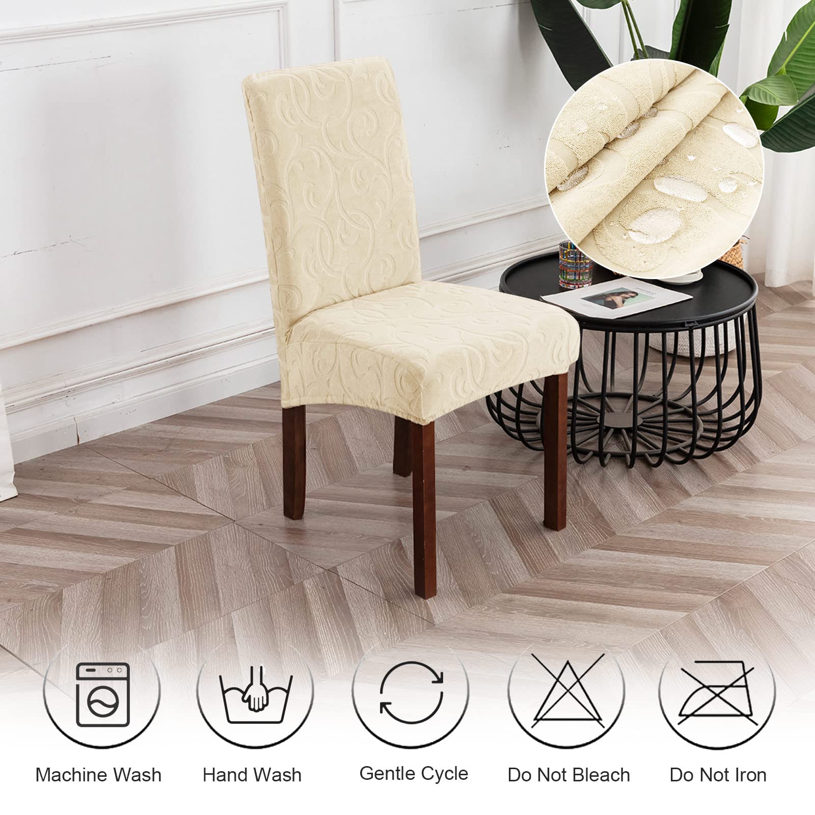 Waterproof Stretch Parsons Chair Slipcovers - 6 Pack Washable Dining Room Chair Covers with Floral Pattern, Beige | Kitchen & Dining Chair Protectors for Home, Restaurant & Outdoor Use