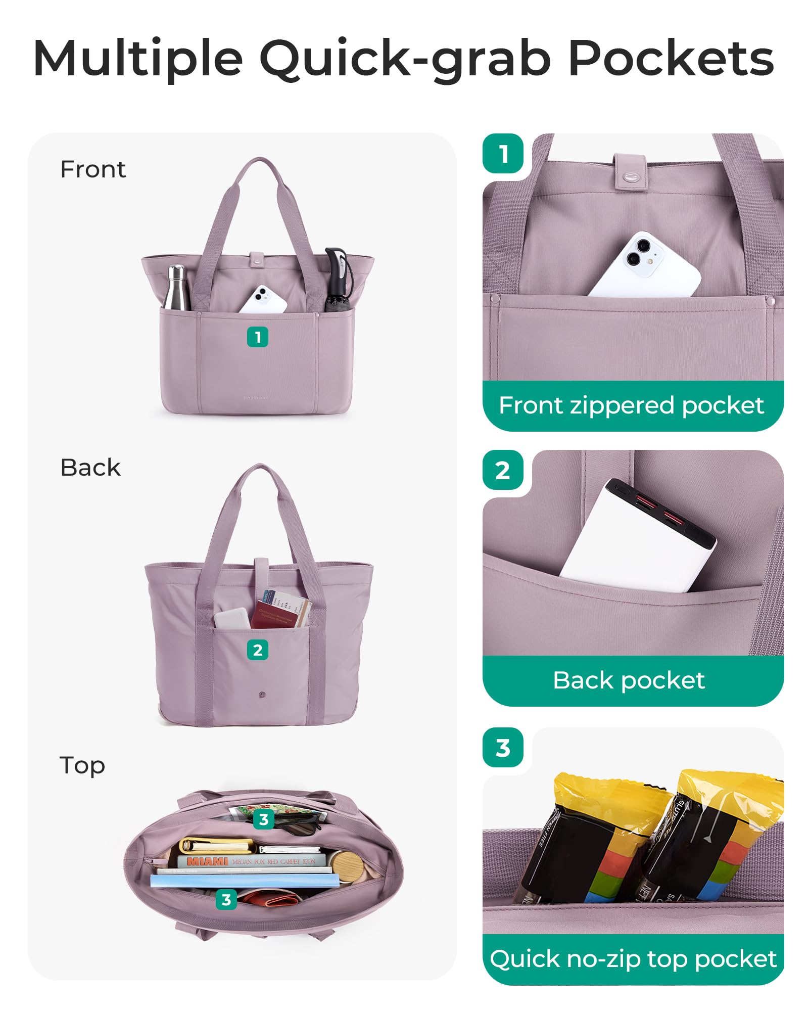 BAGSMART Large Zippered Tote Bag for Women - Foldable Reusable Shoulder Bag with Top Handle - Perfect for Work, Travel, Gym & Shopping (Black)