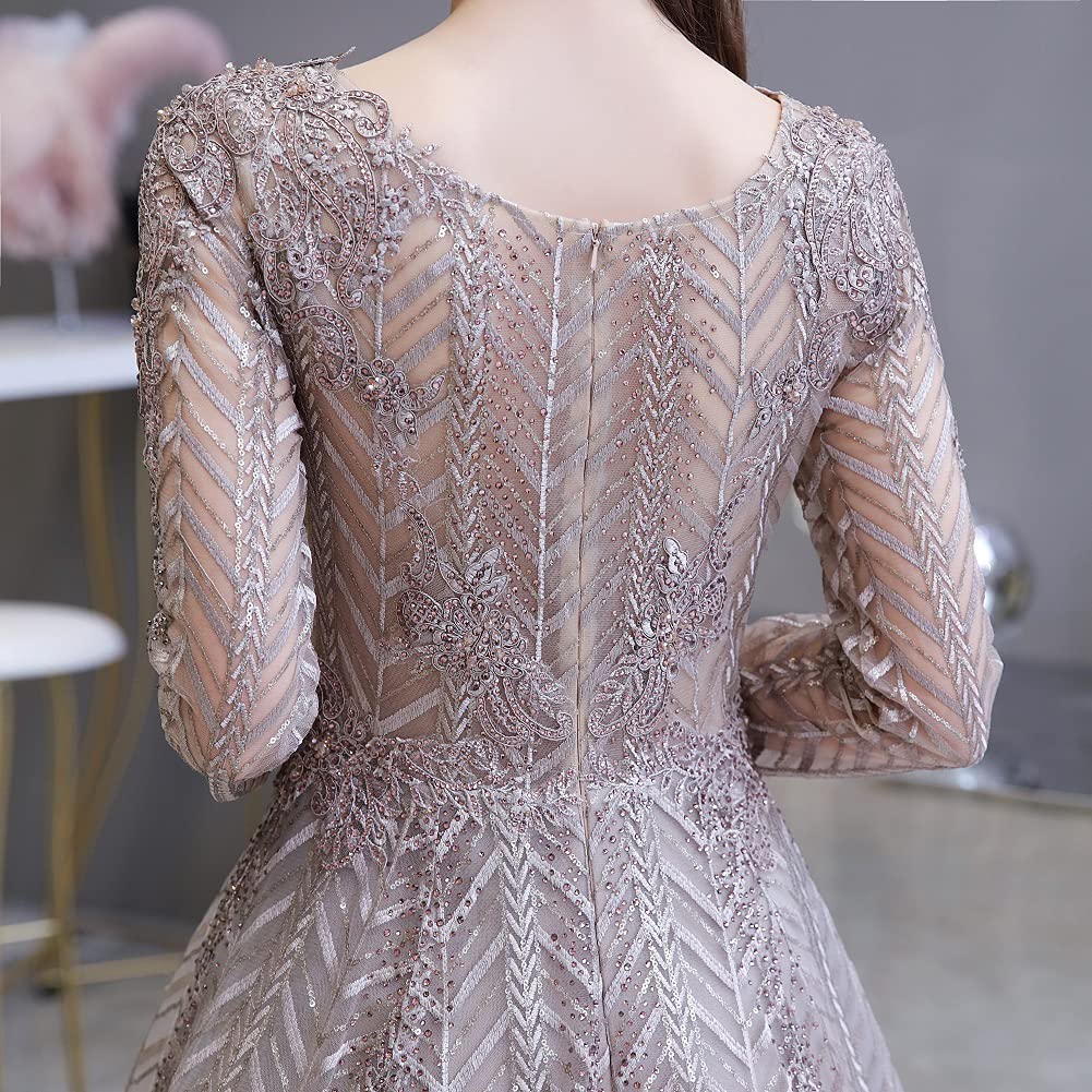 Elegant Long Sleeve Lace Evening Dress for Women - V Neck Crystal Beaded Formal Gown for Prom, Wedding, and Special Occasions