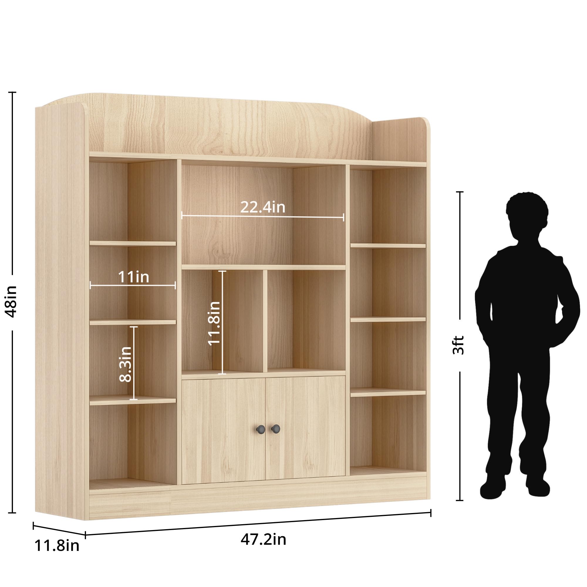 Oak Kids Bookshelf - 11 Cubbies & 2 Cabinets Book Storage Organizer for Children's Bedroom, Playroom, Nursery & Hallway | Durable Freestanding Bookcase for Toys, Storybooks & School Supplies