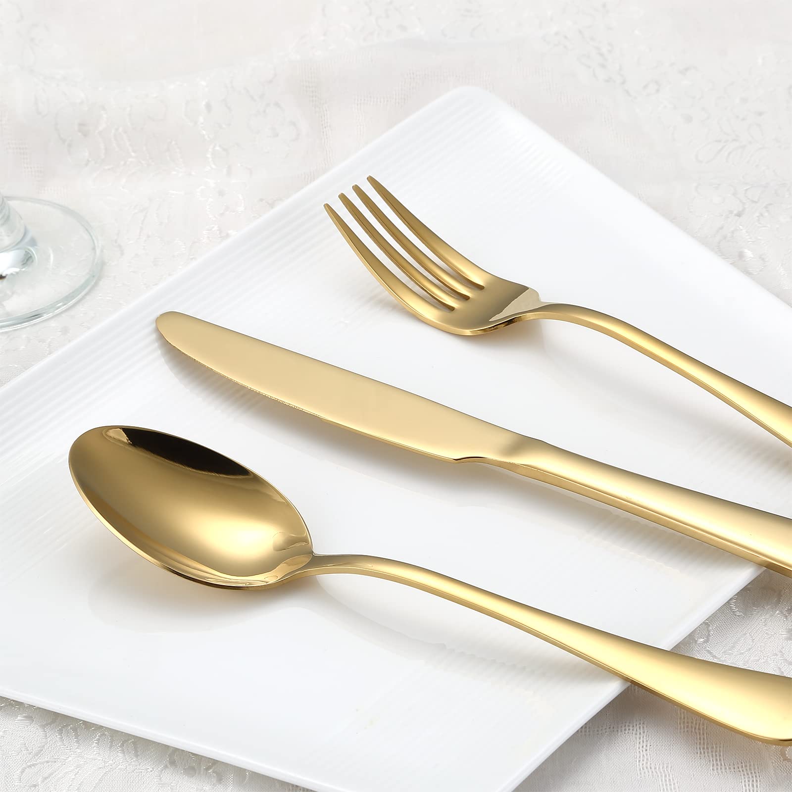 20-Piece Briout Gold Silverware Set - Stainless Steel Flatware Service for 4 (Spoons, Forks, Knives) - Elegant Golden Cutlery Set for Kitchen, Home & Restaurant - Shiny Polished Tableware for Dinner Parties, Weddings & Special Occasions