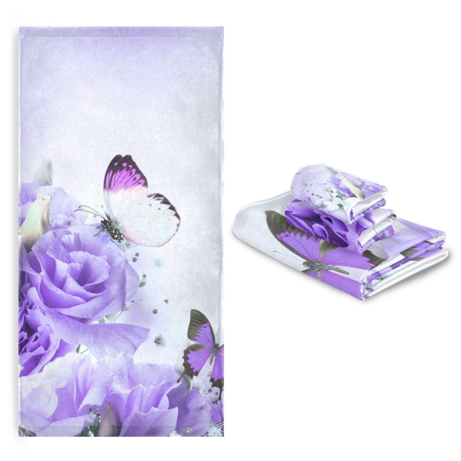 ALAZA Purple Rose Flower Butterfly Bath Towel Set - 1 Bath Towel, 1 Hand Towel, 1 Washcloth - Soft Luxury Decorative Towels for Bathroom, Kitchen, Home, Spa & Beach - Perfect for Gifts, Decor & Relaxation