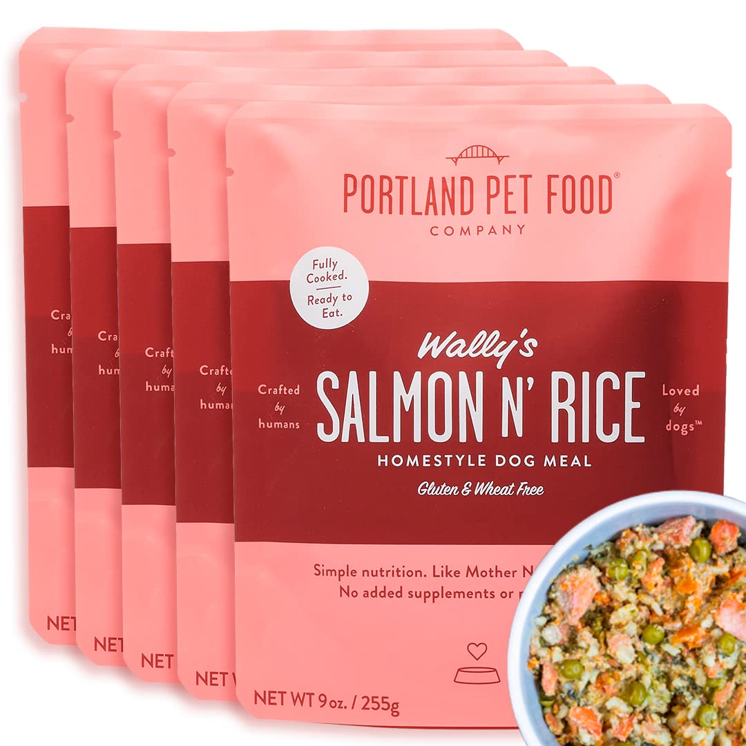 Premium Human-Grade Wally's Salmon & Rice Wet Dog Food Pouches - Grain-Free Dog Food Topper, Mixer & Complete Meal - Made in USA - 5-Pack - Perfect for Picky Eaters & Senior Dogs' Nutrition Needs