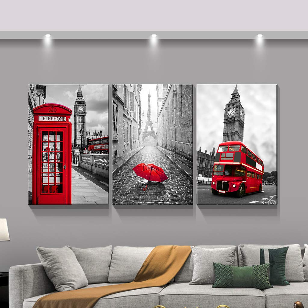 Denozer - 3 Panel Modern Black and White Urban Canvas Wall Art - Stretched & Framed Ready to Hang - 24