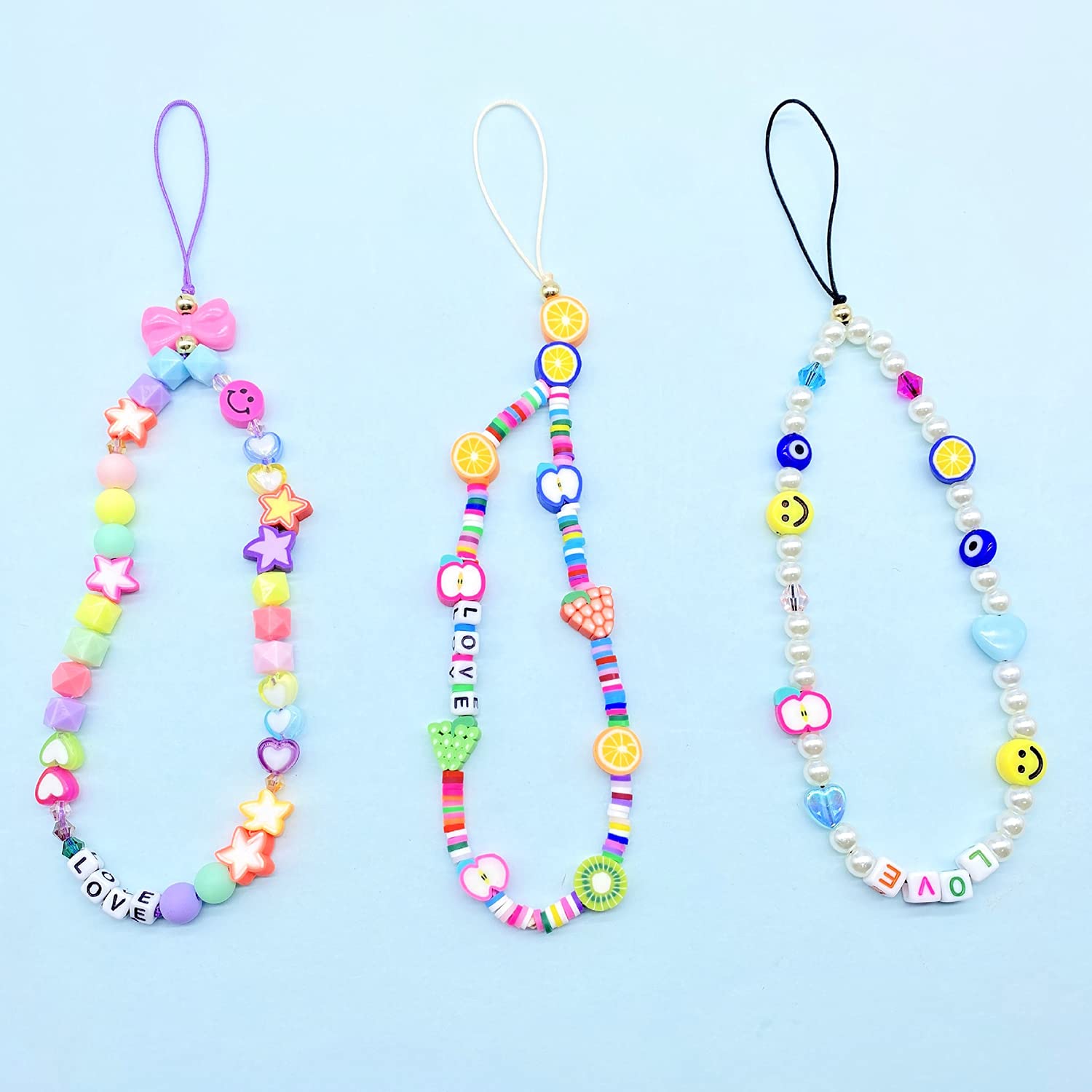 Colorful Star Smiley Soft Ceramic Keychain Set - 3 Pcs Acrylic Phone Lanyard with Happy Face Bracelet for iPhone Samsung - Cute Accessories for Teens Girls, Party Favors, Gift Ideas