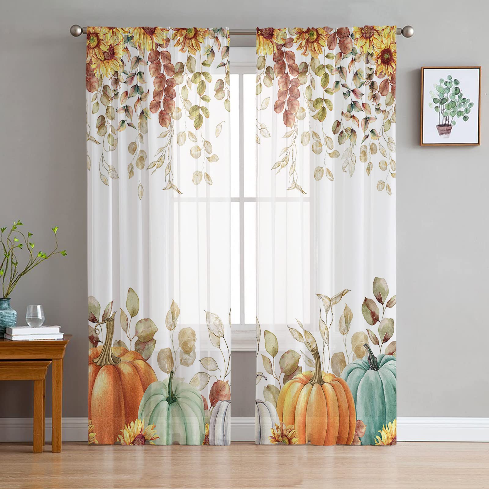 2 Panels Fall Sheer Curtains 72 Inch Length - Thanksgiving Pumpkin Sunflower Kitchen Semi-Sheer Voile Drapes with Rod Pocket, Eucalyptus Floral Pattern for Living Room & Bedroom | Seasonal Home Decor, Cozy Autumn Ambiance