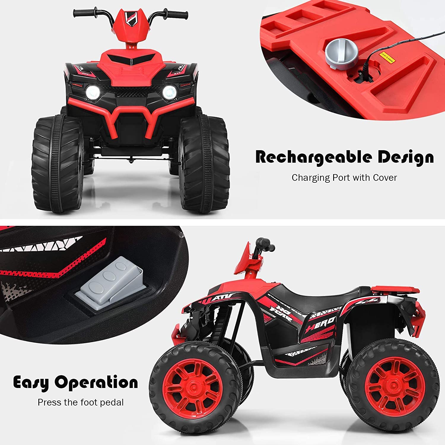 OLAKIDS 12V Kids Ride On ATV Electric Quad - 4 Wheeler Battery Powered Motorized Toy Car for Boys & Girls with LED Lights, Music & Horn - High/Low Speed & Soft Start (Red) - Perfect for Outdoor Play, Backyard Fun & Birthday Gifts