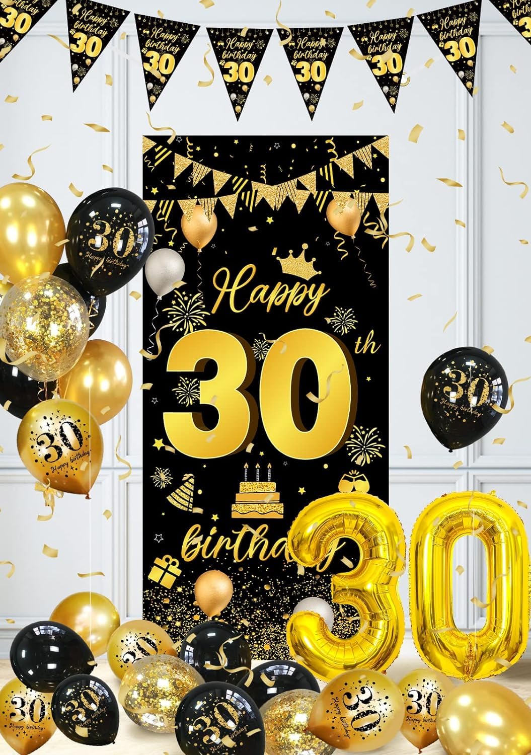 18th Birthday Decorations for Men & Women - Black & Gold Party Supplies with Happy Birthday Banner, Confetti, 32 Inch Gold Number 18 Balloons - Perfect for 18th, 30th Birthday Parties & Adult Celebrations