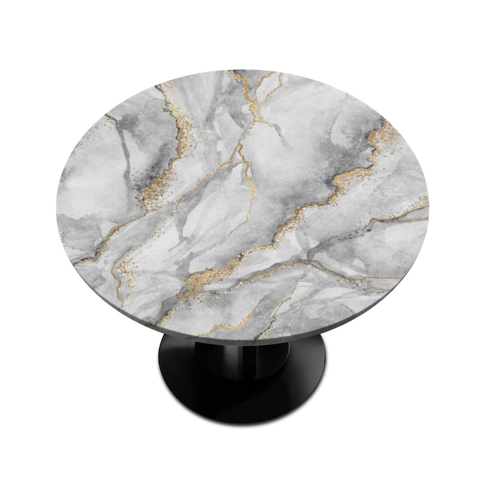 Waterproof White Grey Marble Round Tablecloth with Elastic Edge - Wipeable Fitted Table Cover for Dining, Kitchen, Party (45