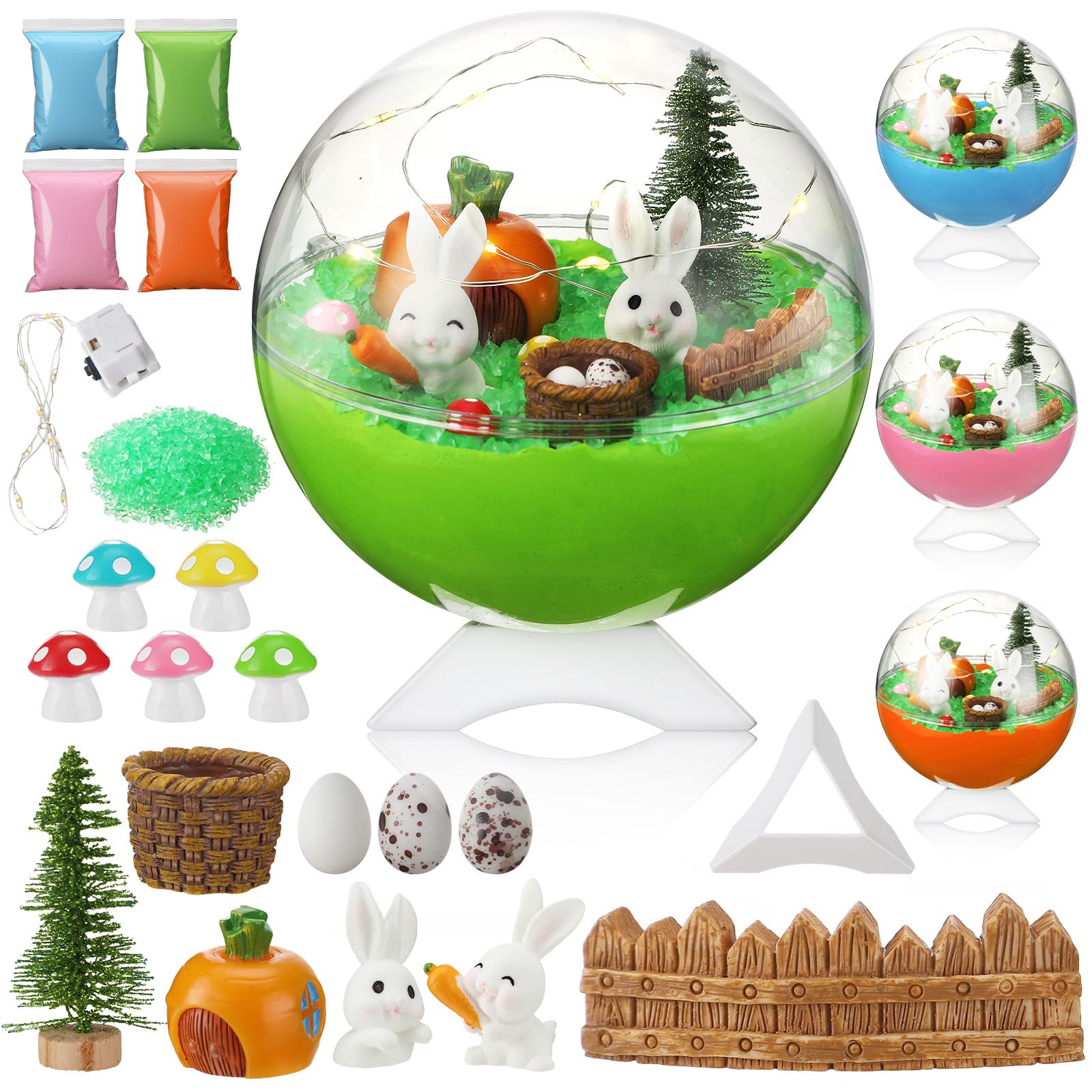 4-Piece Easter Bunny Garden Light-Up Terrarium Kit - DIY Night Light Craft Kit with Crystal Growing for Kids | Easter & Birthday Gift Ideas | Home Decor, Party Activities & STEM Learning Fun