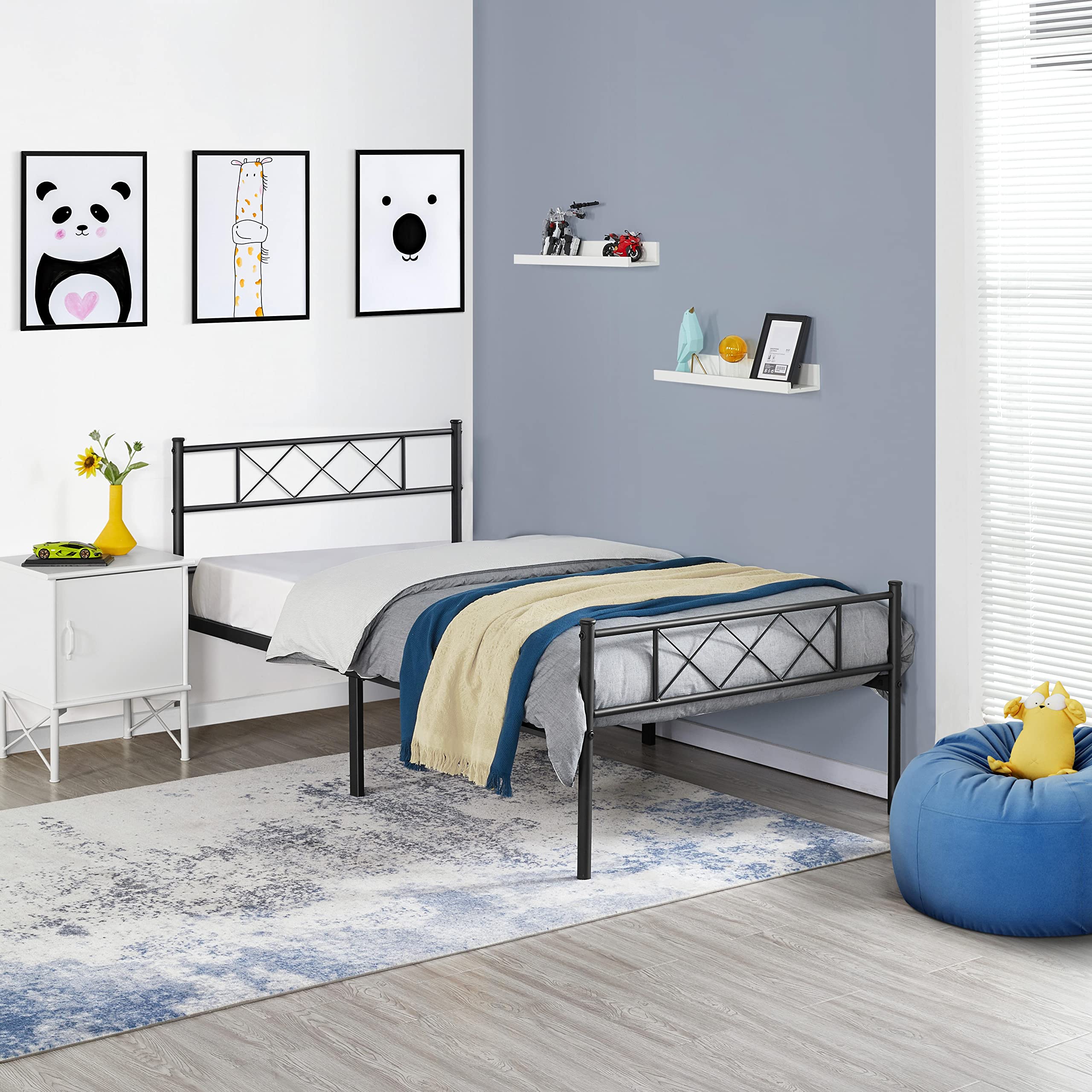 Topeakmart Twin Size Black Metal Bed Frame with Headboard - Sturdy Mattress Foundation, Platform Bed & Slatted Base for Bedroom, Guest Room, Dorm - Easy Assembly & Modern Design