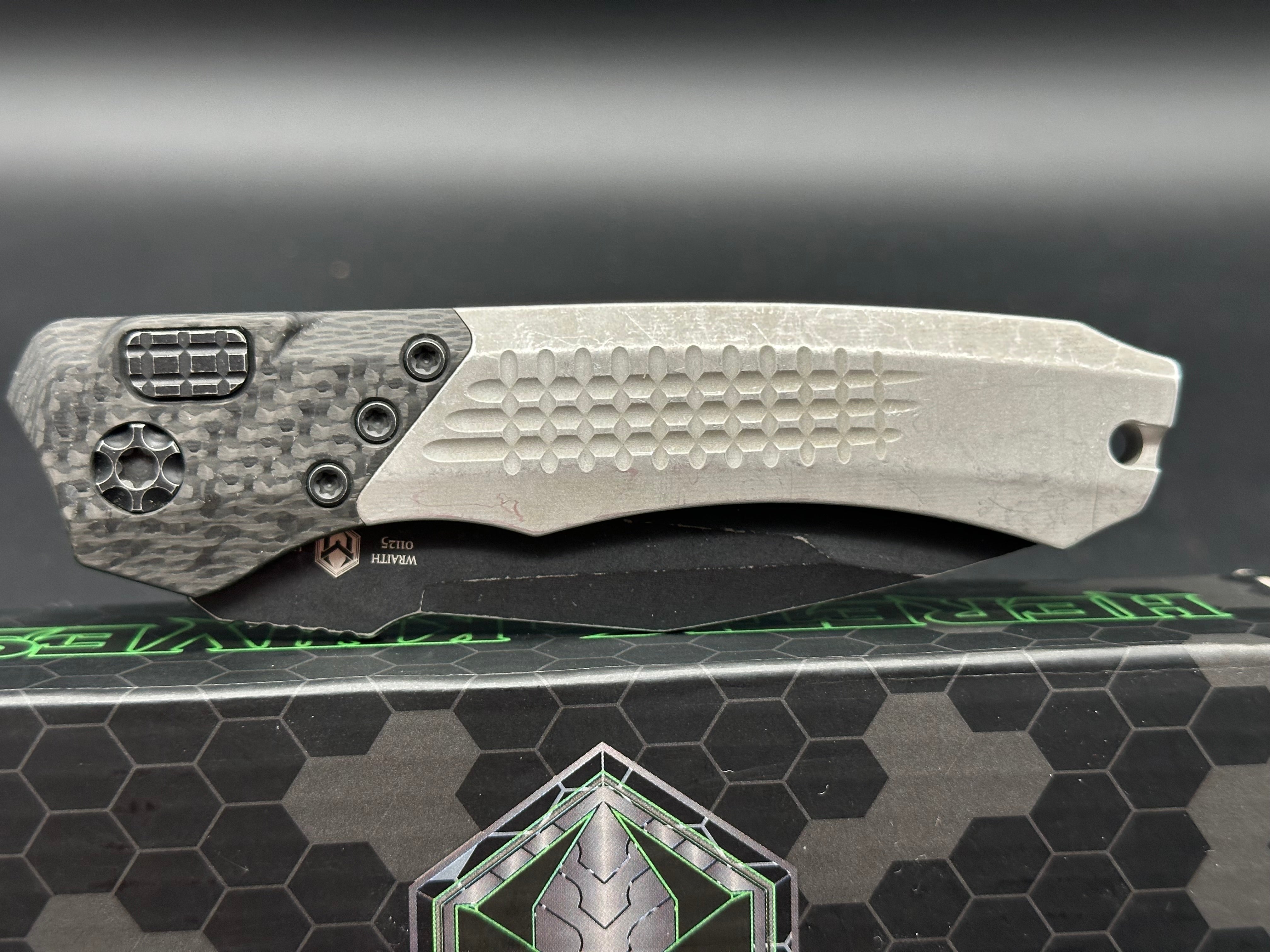 Heretic Knives Wraith Auto Tanto Folding Knife - Elmax Steel Blade, Battleworn Finish, Integral Bolster - Perfect for EDC, Outdoor Survival & Tactical Use