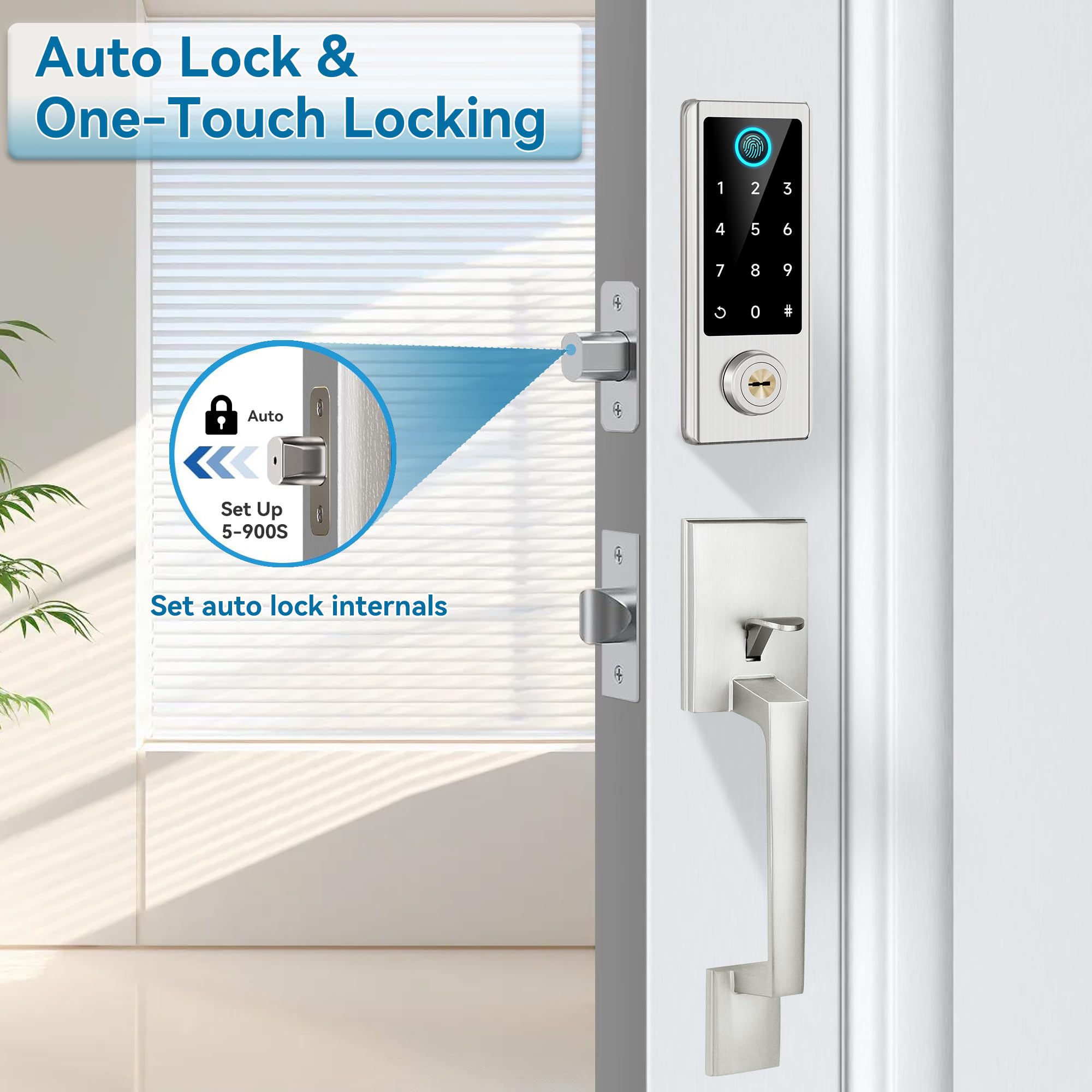 BEBASIA Smart Fingerprint Door Lock with Keyless Entry - Bluetooth Electronic Keypad Deadbolt with Handle in Satin Nickel - Perfect for Home, Office & Airbnb Security (Front Door Smart Lock Set)