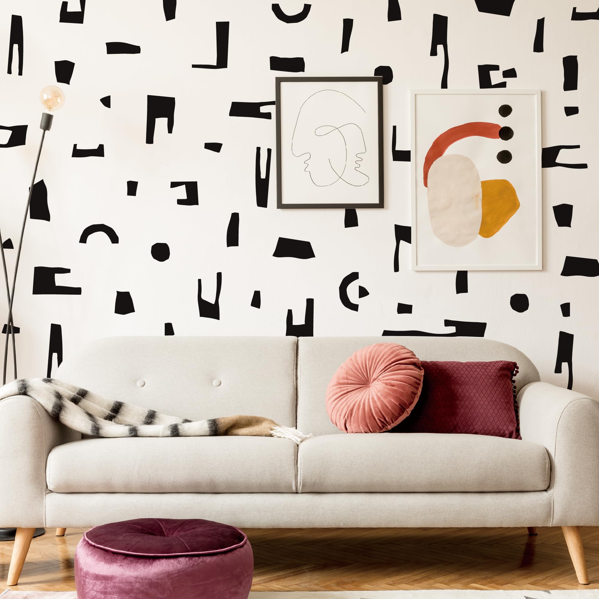 Modern Geometric Peel and Stick Black Vinyl Wall Decals - Abstract Minimalist Stone Block Wall Stickers for Living Room, Bathroom, Office & Home Decor - Easy DIY Wall Art for Cabinets, Stairs & Interior Design