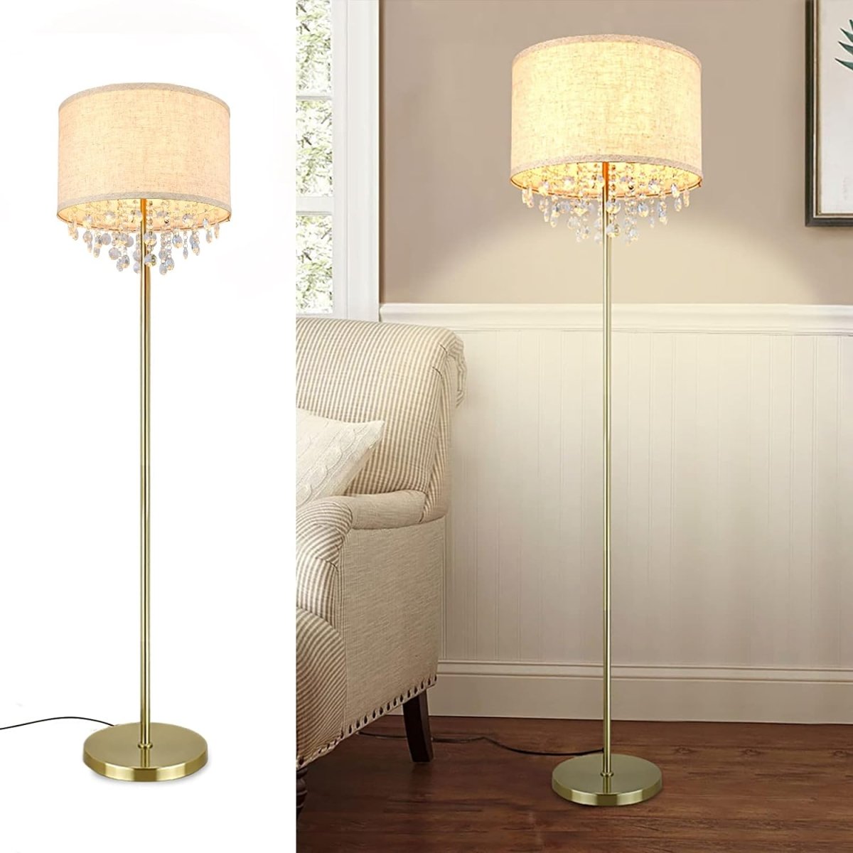 DLLT Modern LED Floor Lamp with Crystal Accents - Elegant Standing Light for Living Room, Bedroom & Study - Mid Century & Farmhouse Style - Adjustable Tall Pole with Fabric Drum Shade - Brass Finish - Perfect for Reading, Relaxing & Home Decor