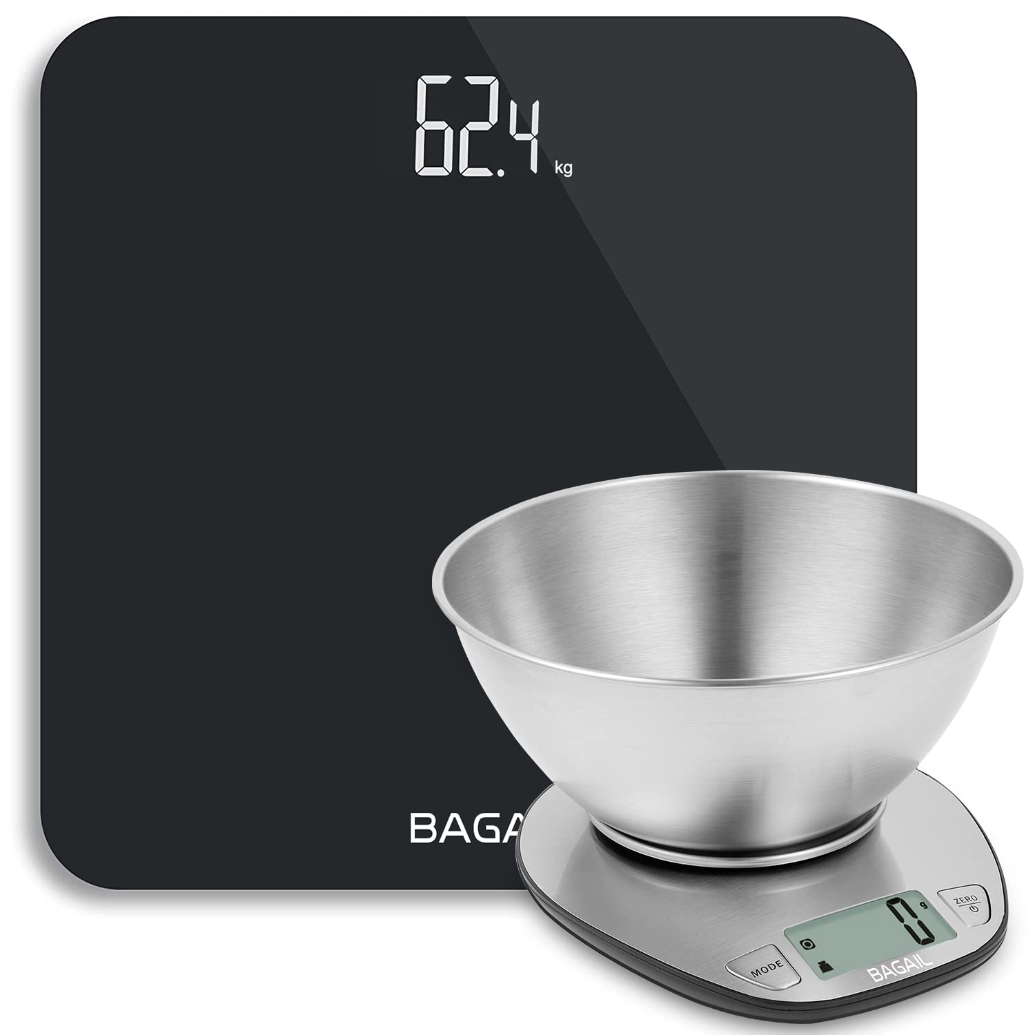 BAGAIL Digital Bathroom Scale and Kitchen Scale Set - Large LCD Display, Stainless Steel Mixing Bowl for Precise Food Weighing | Perfect for Baking, Cooking, and Health Tracking