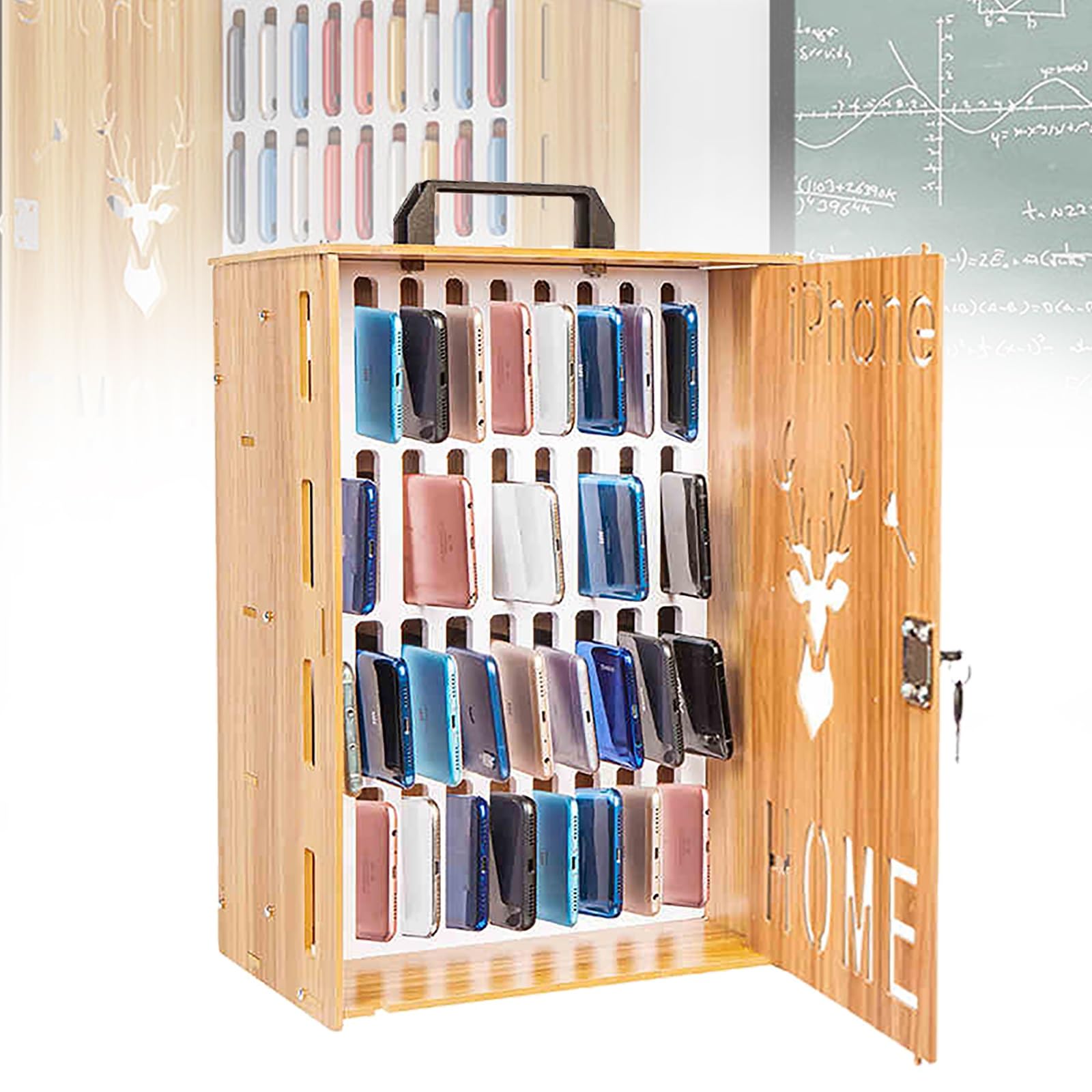 36-Slot Wooden Cell Phone Storage Cabinet - Wall Mounted Phone Locker with Rechargeable Station for Classroom, Office & School Employees | Perfect for Device Management in Schools, Meetings & Workplaces