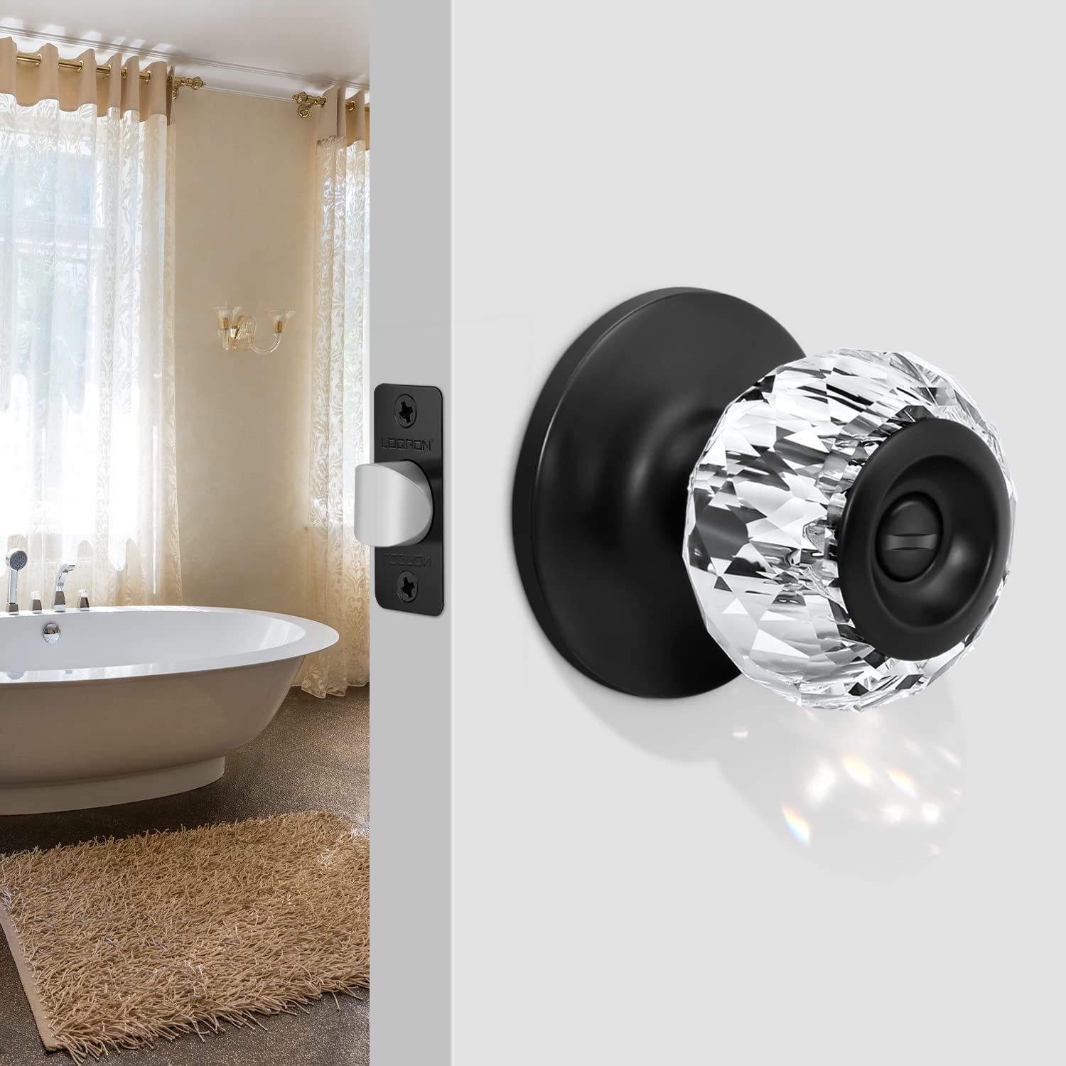 LOQRON Crystal Glass Door Knobs with Privacy Lock - Keyless Entry, Clear Classic Interior Knob for Hall, Bedroom, Bathroom & Closet - Matte Black Finish (1 Pack) | Perfect for Modern Homes, Offices & Privacy Spaces