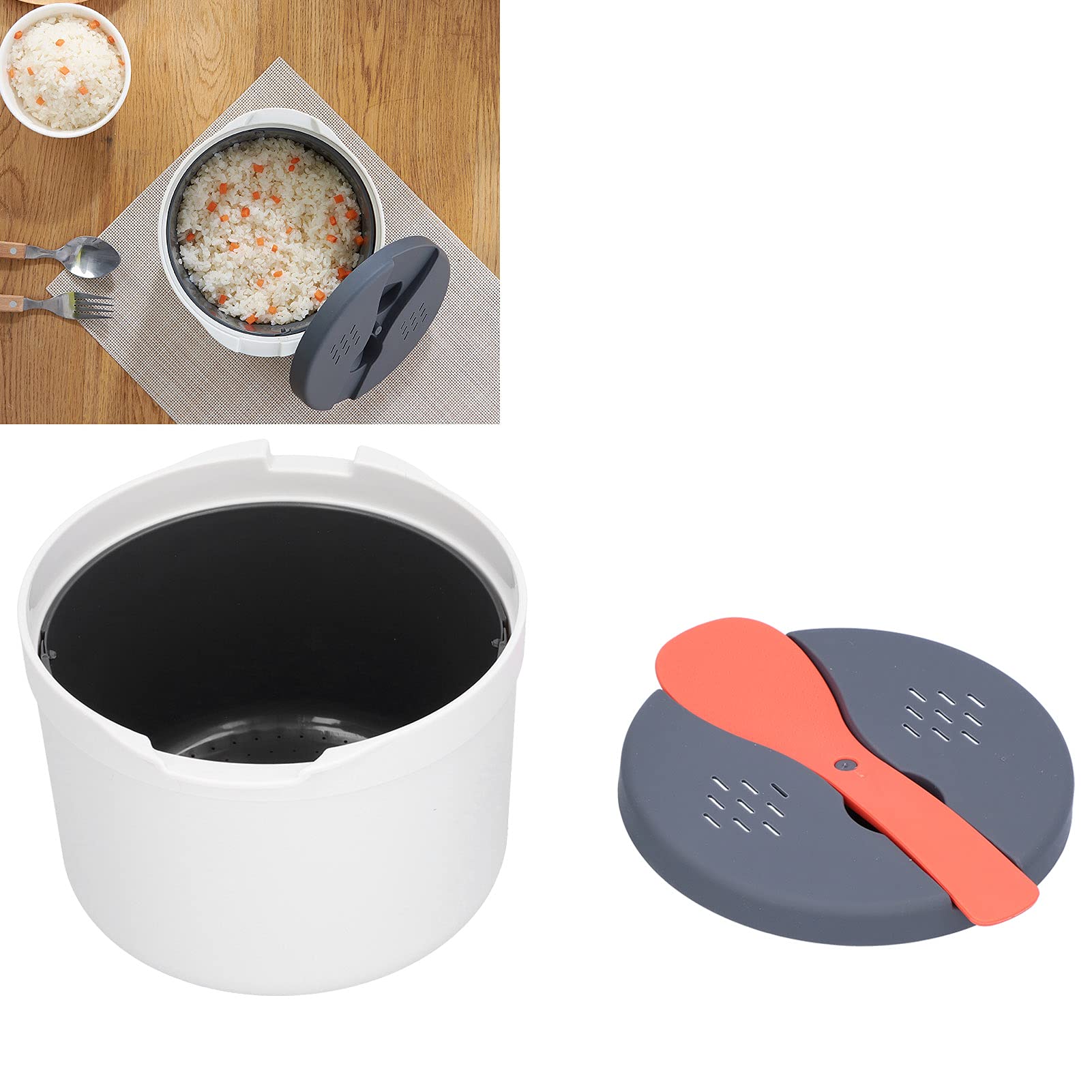 2-Layer Microwave Rice Cooker - Non-Stick Kitchen Cookware for Perfect Rice & Steaming - Ideal for Dorm, Office & Small Kitchen Use