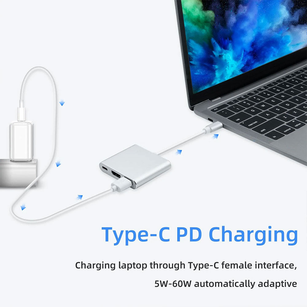 3-in-1 USB C Hub Adapter for MacBook, Laptop, PC, Tablet & Smartphone - 4K HDMI, USB 3.0, PD Charging - Space Gray - Perfect for Work, Travel & Home Office