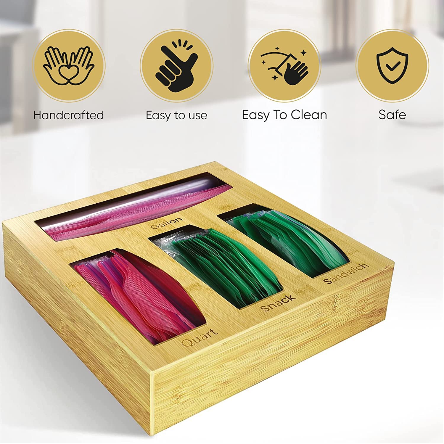Bamboo Kitchen Drawer Organizer for Food Storage Bags - 4-Slot Holder for Gallon, Quart, Sandwich & Snack Bags (Fits Solimo, Glad, Hefty) - Perfect for Pantry Organization & Easy Bag Access